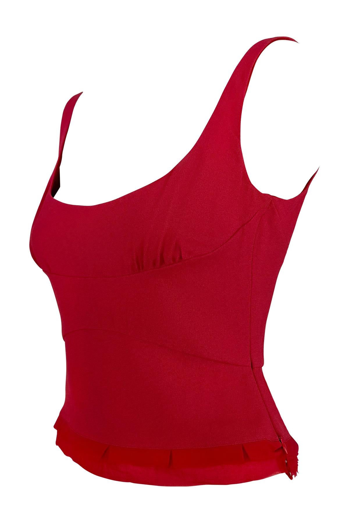 1990s Prada Red Silk Chiffon Trim Bustier Crop Top 2