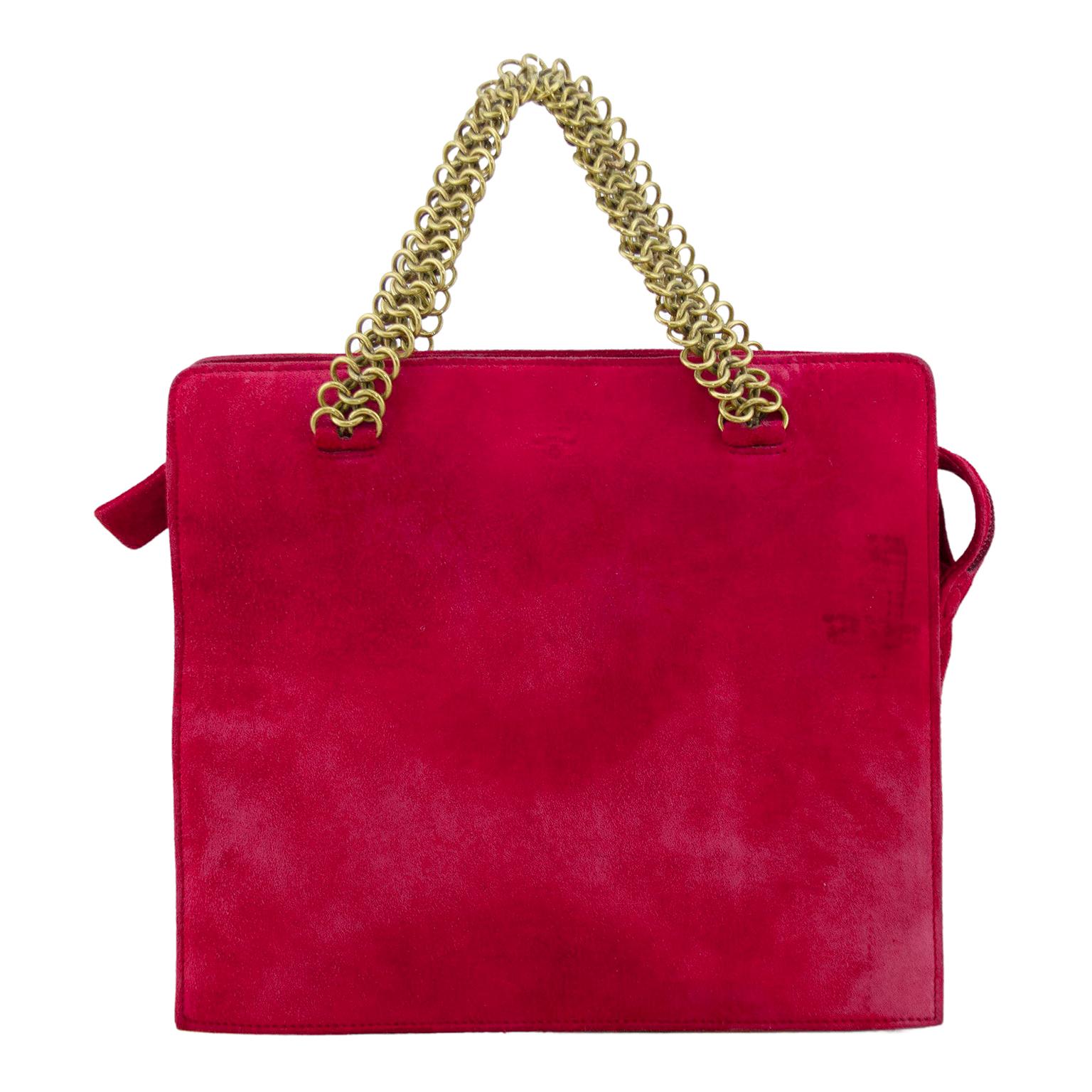 1990s Prada Red Suede Hand Bag with Gold Chain Handles 