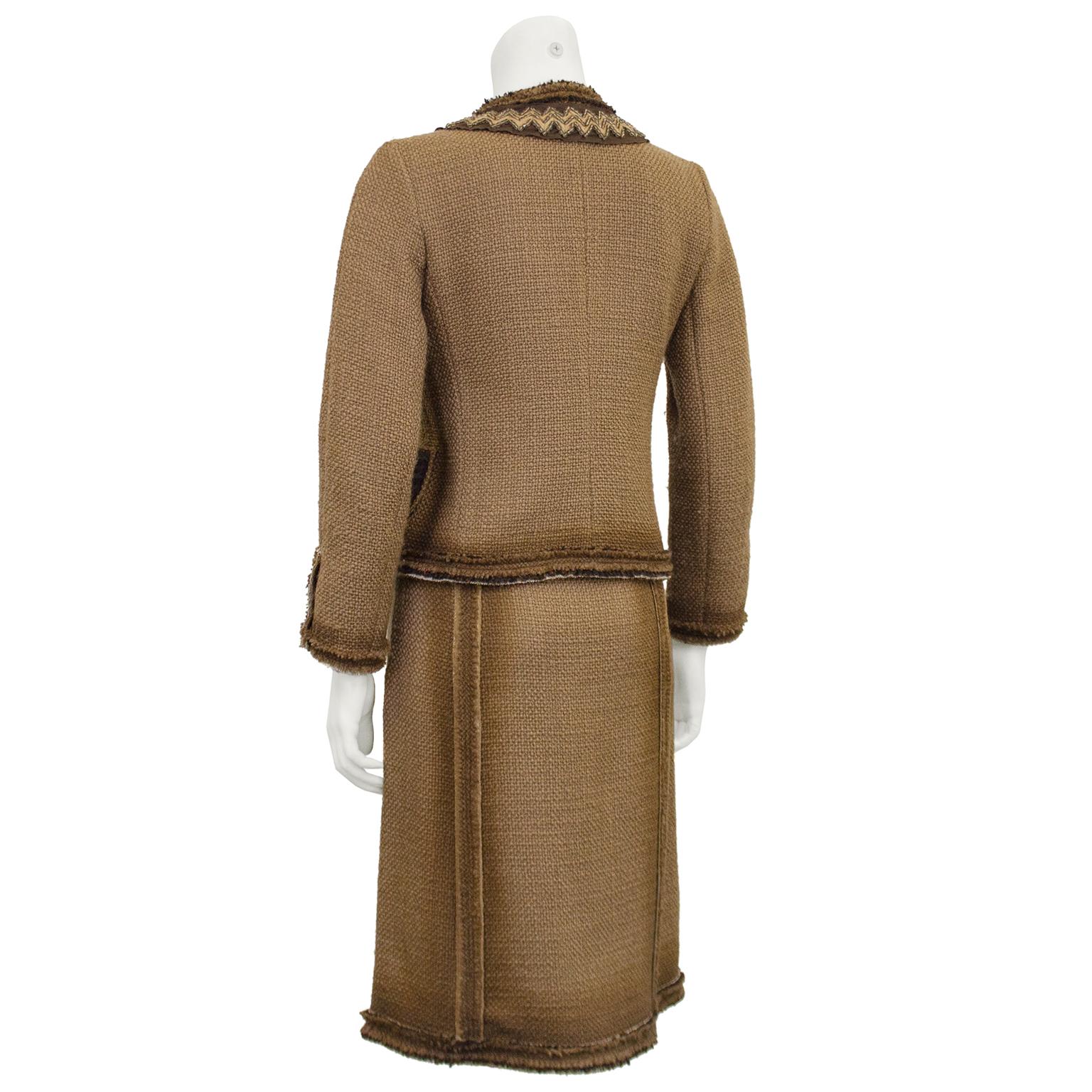 Brown 1990s Prada Tan Woven Linen Boucle Suit with Macrame Details 