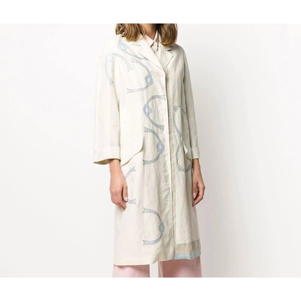 1990s  Prada Vintage Ivory Linen Coat with Light Blue printed Details In Excellent Condition In Lugo (RA), IT