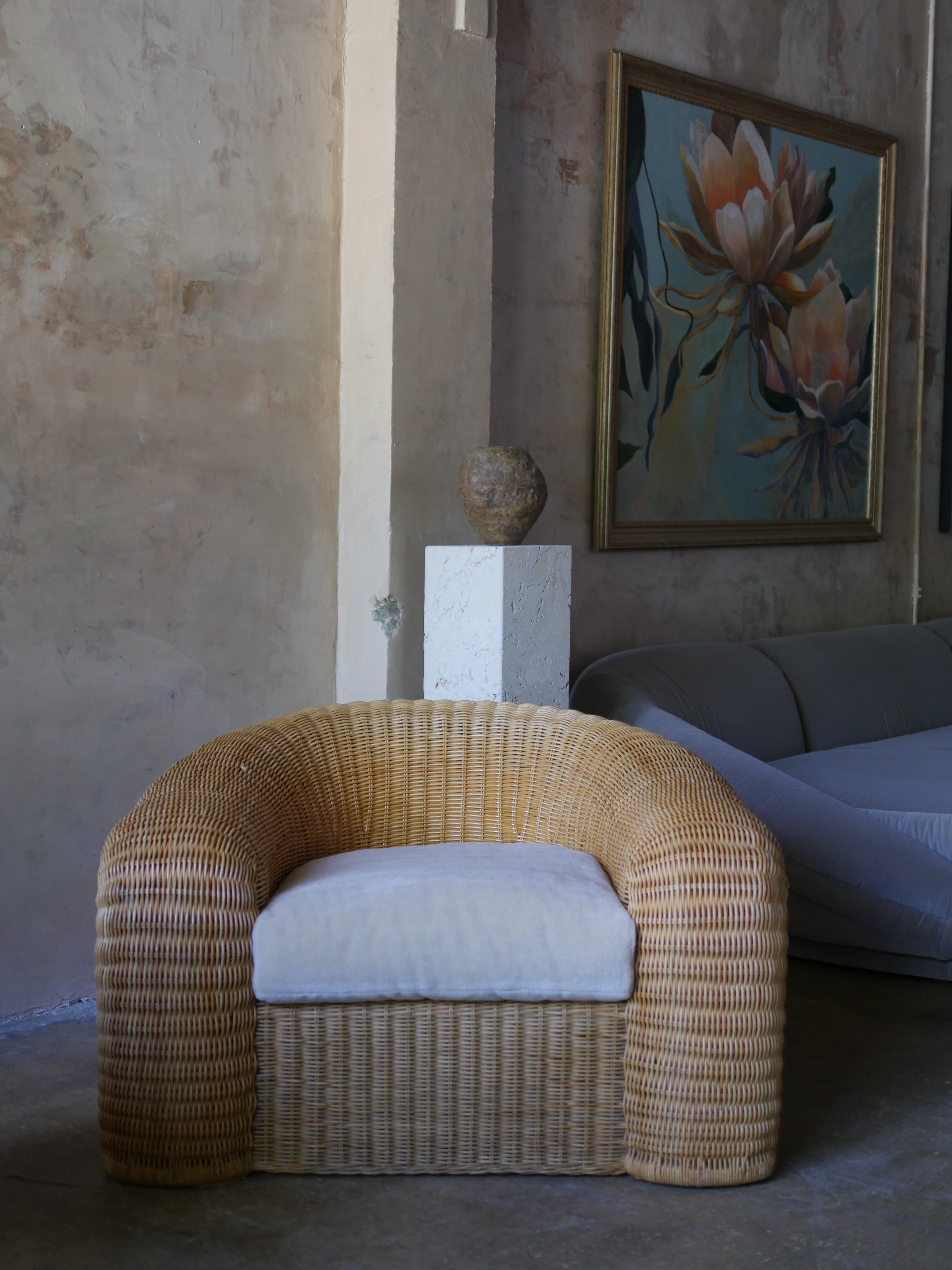 1990s Preview Designer Pencil Reed Rattan Lounge Chair with Pierre Frey Mohair 4