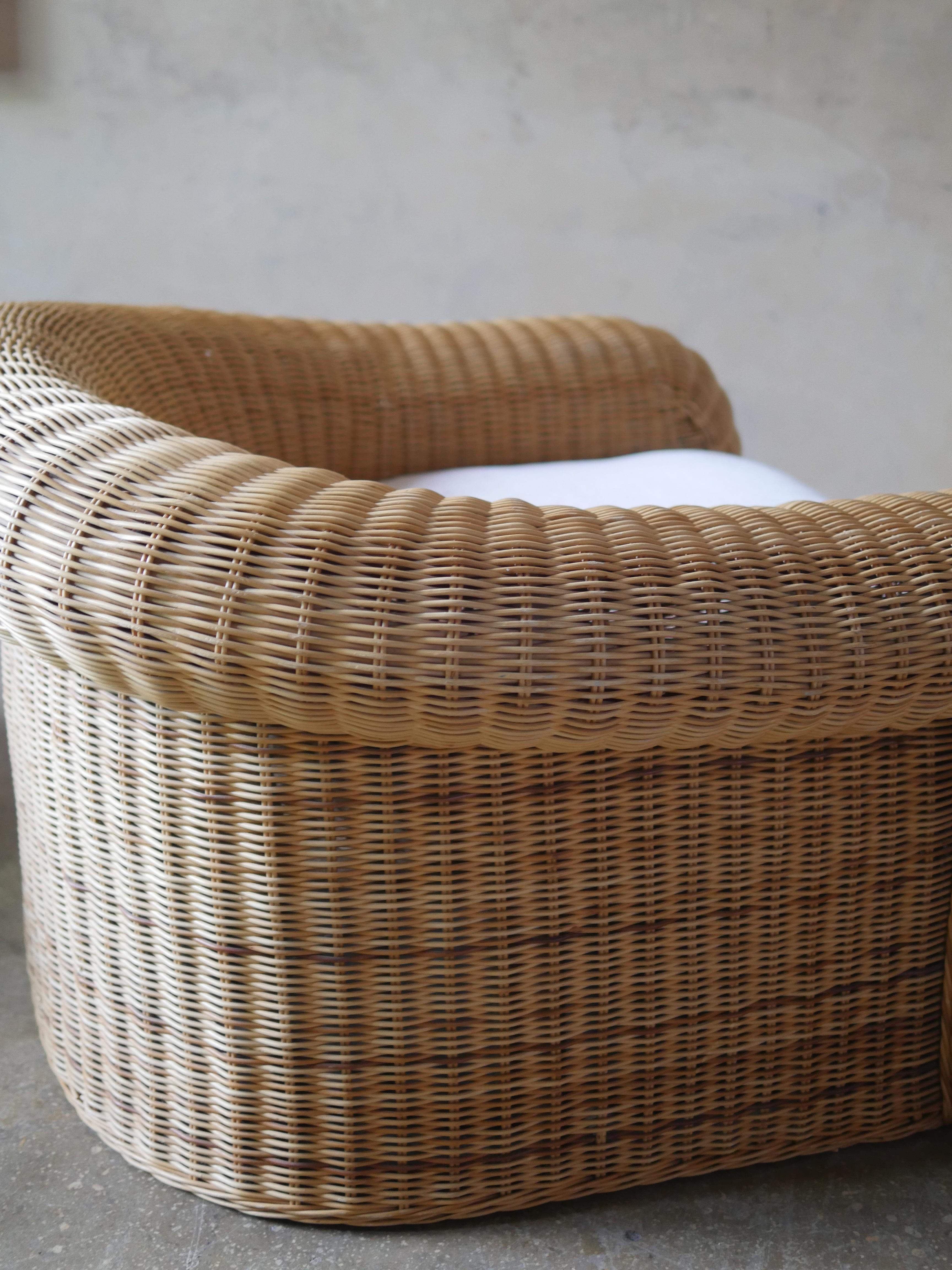 1990s Preview Designer Pencil Reed Rattan Lounge Chair with Pierre Frey Mohair 5