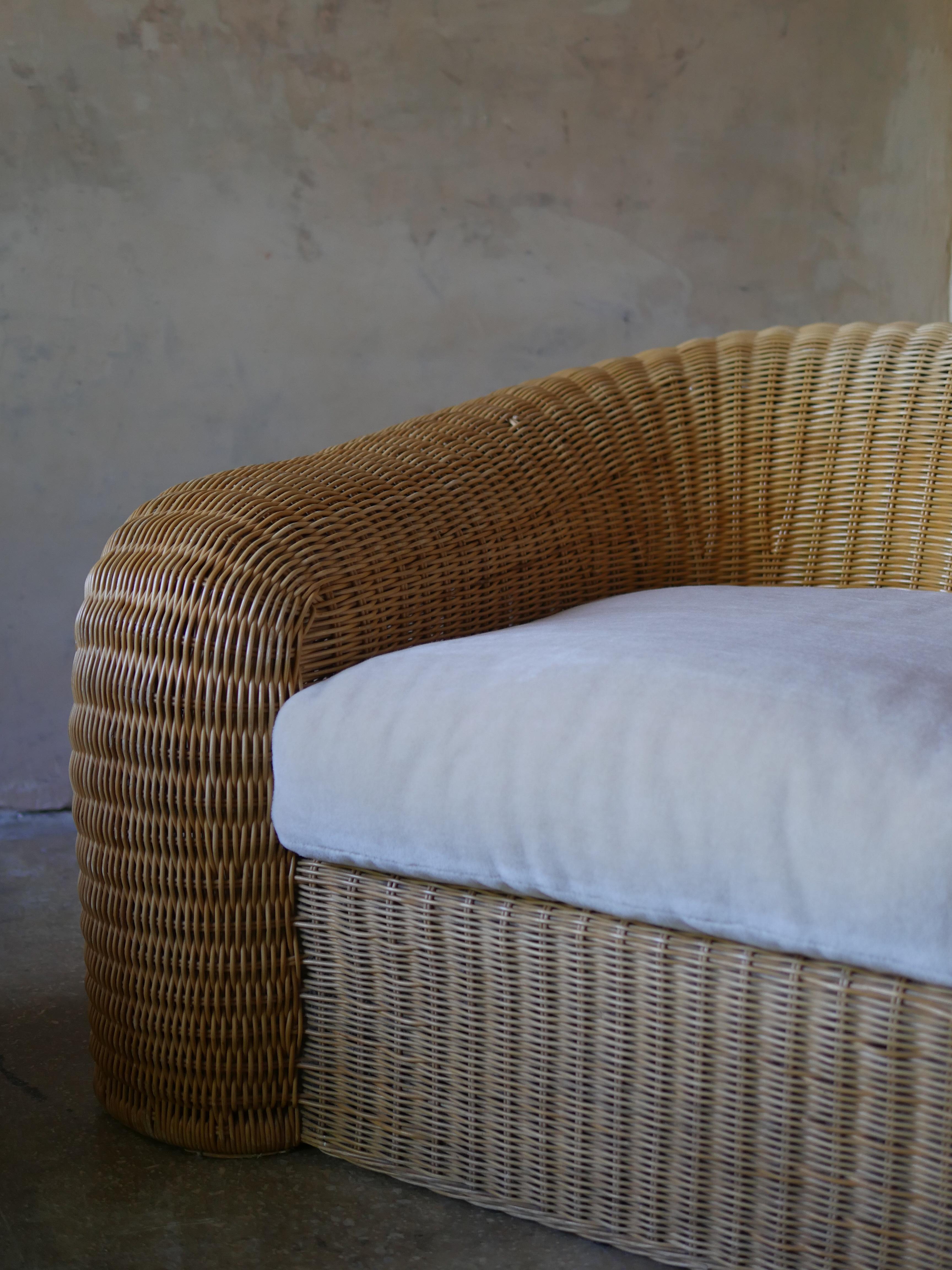 Mid-Century Modern 1990s Preview Designer Pencil Reed Rattan Lounge Chair with Pierre Frey Mohair