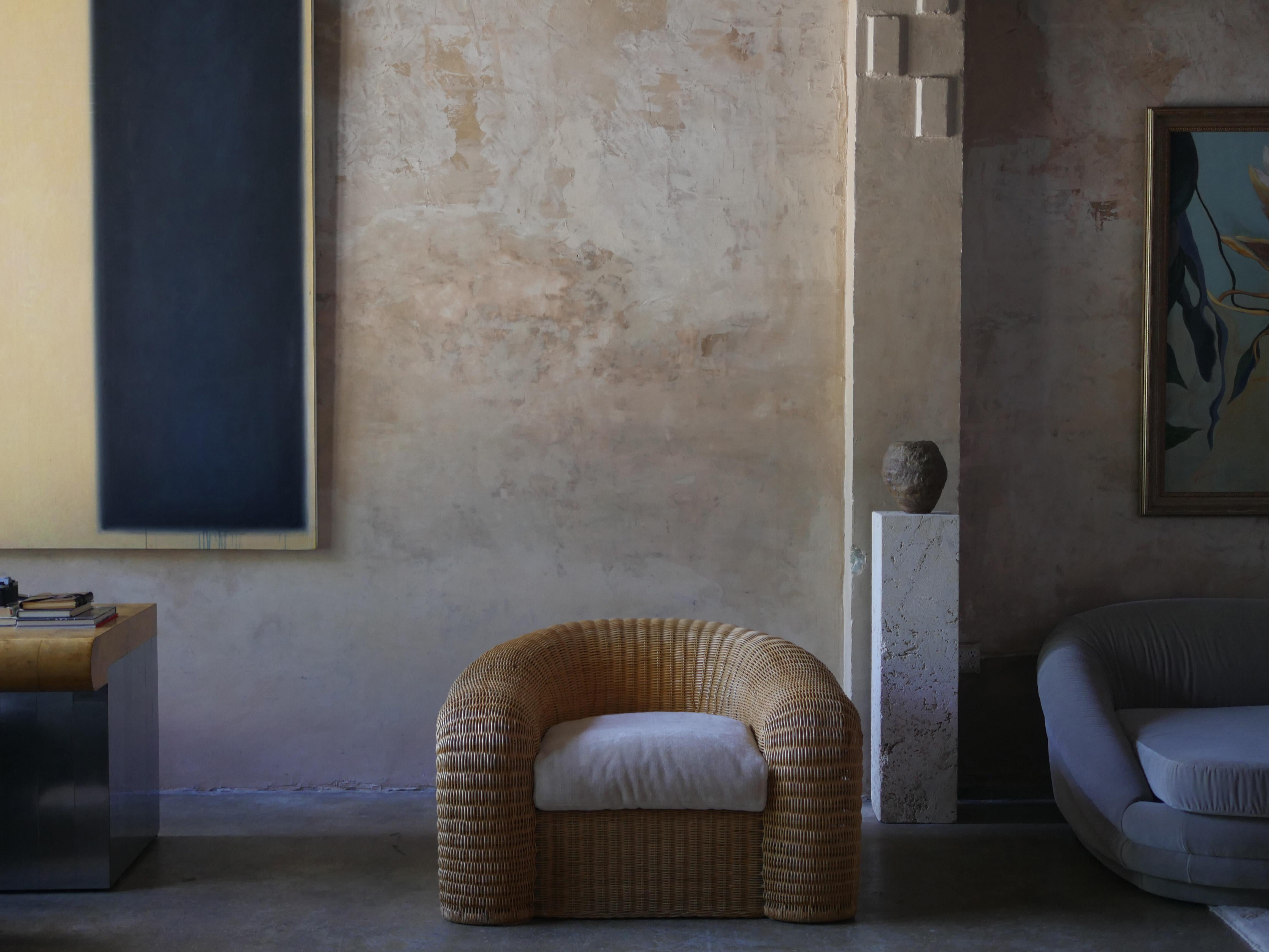 1990s Preview Designer Pencil Reed Rattan Lounge Chair with Pierre Frey Mohair In Good Condition In Miami, FL