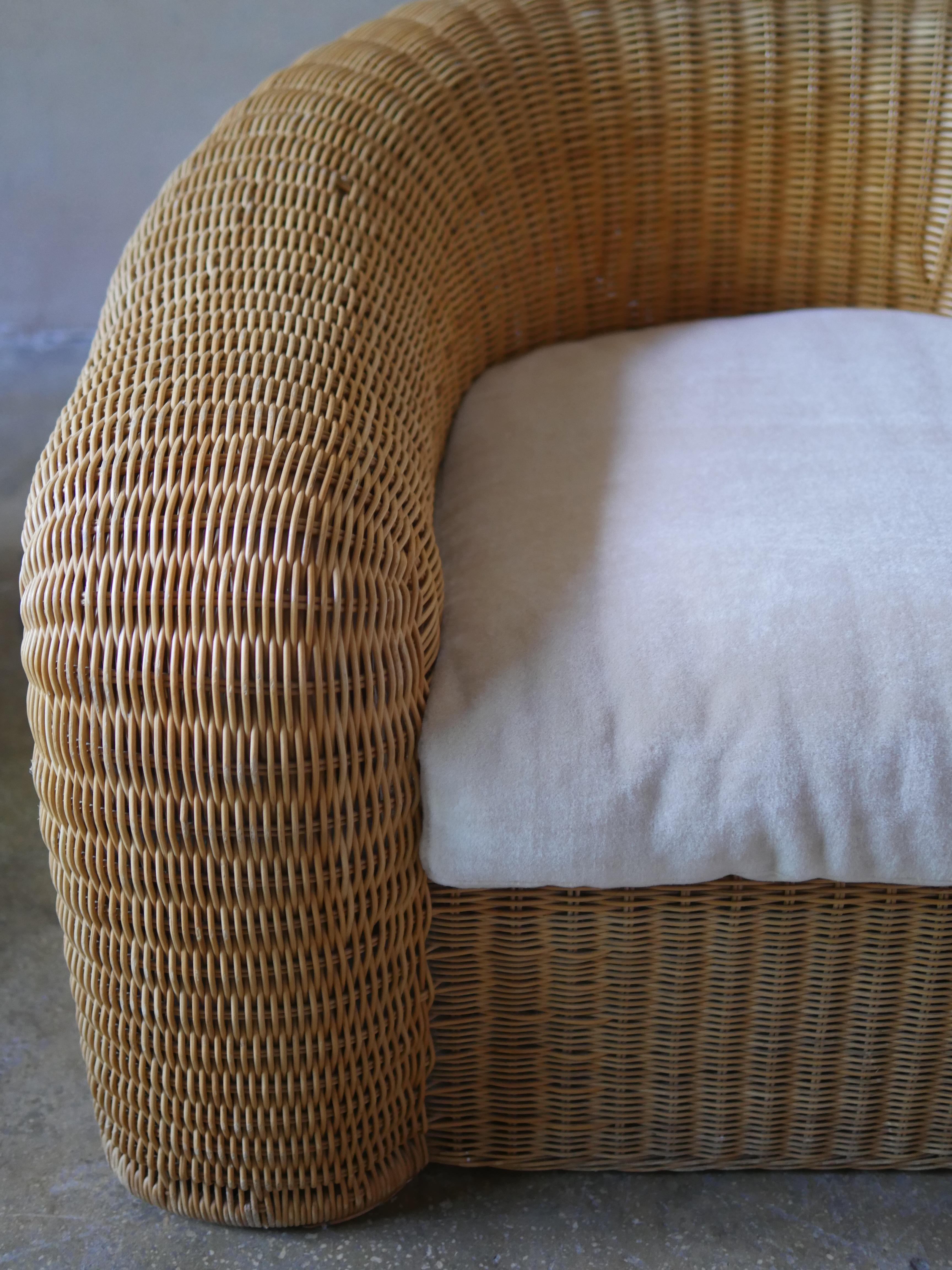 Late 20th Century 1990s Preview Designer Pencil Reed Rattan Lounge Chair with Pierre Frey Mohair
