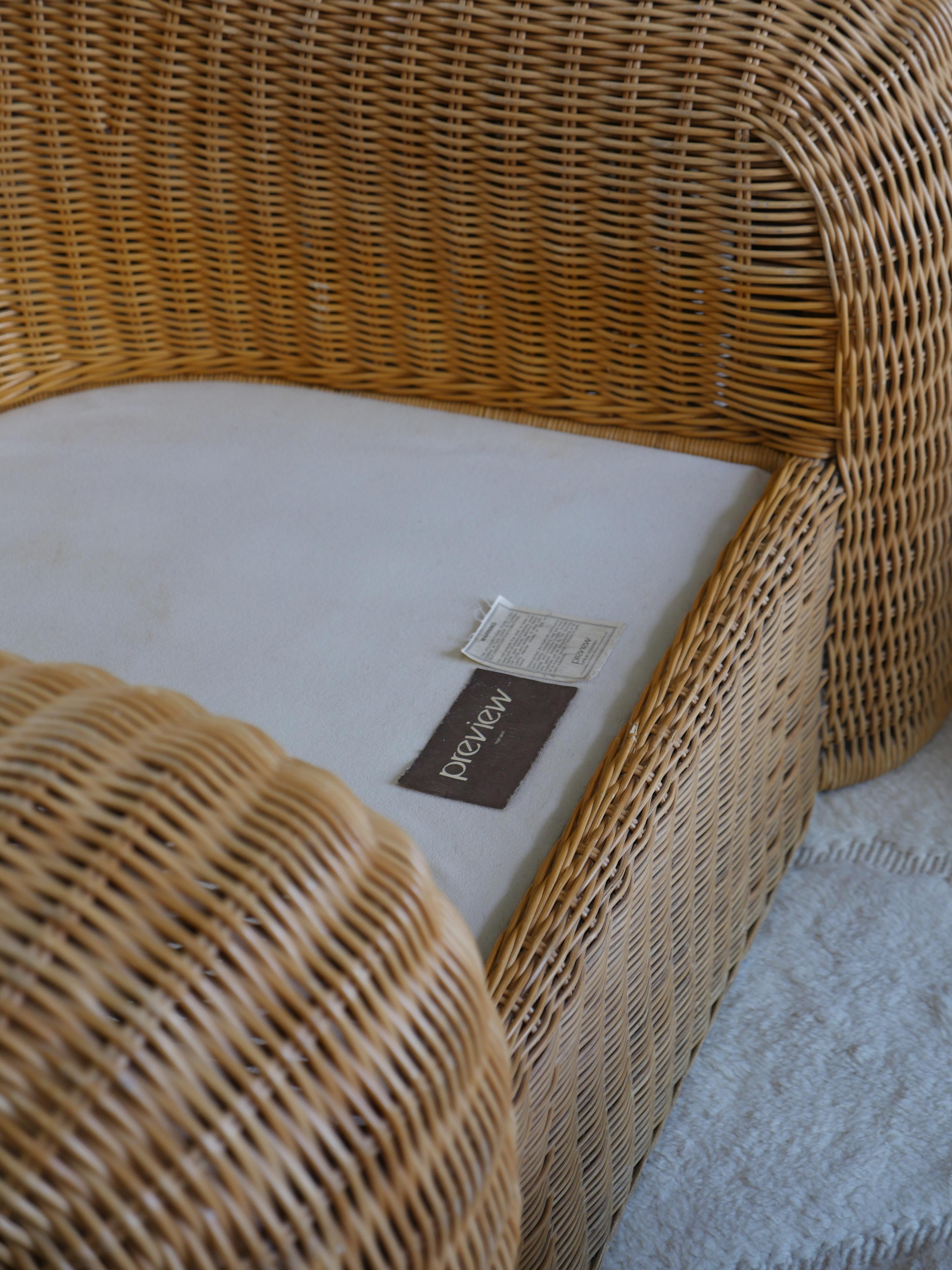 1990s Preview Designer Pencil Reed Rattan Lounge Chair with Pierre Frey Mohair 1
