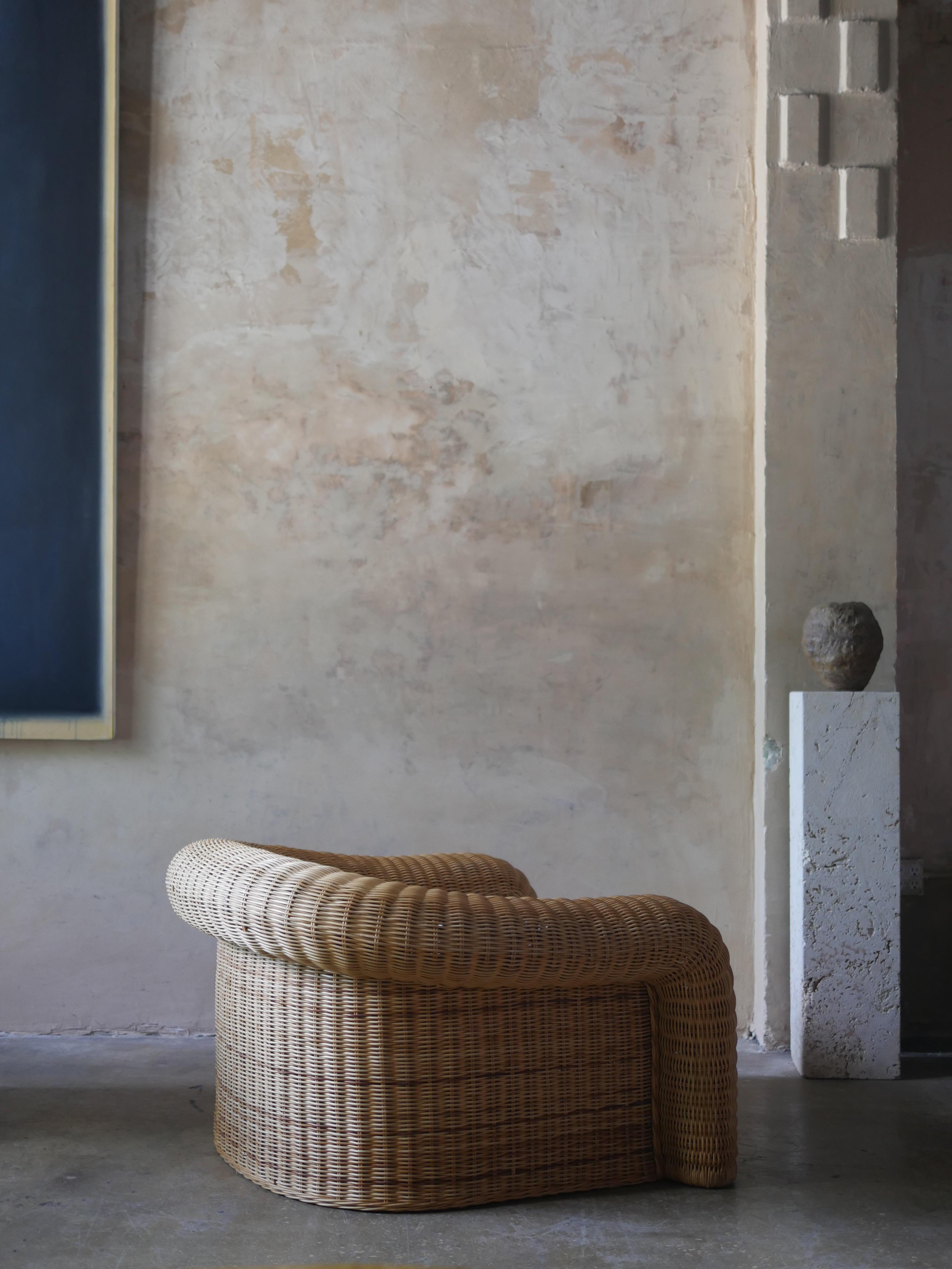 1990s Preview Designer Pencil Reed Rattan Lounge Chair with Pierre Frey Mohair 3