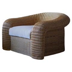 1990s Preview Designer Pencil Reed Rattan Lounge Chair with Pierre Frey Mohair