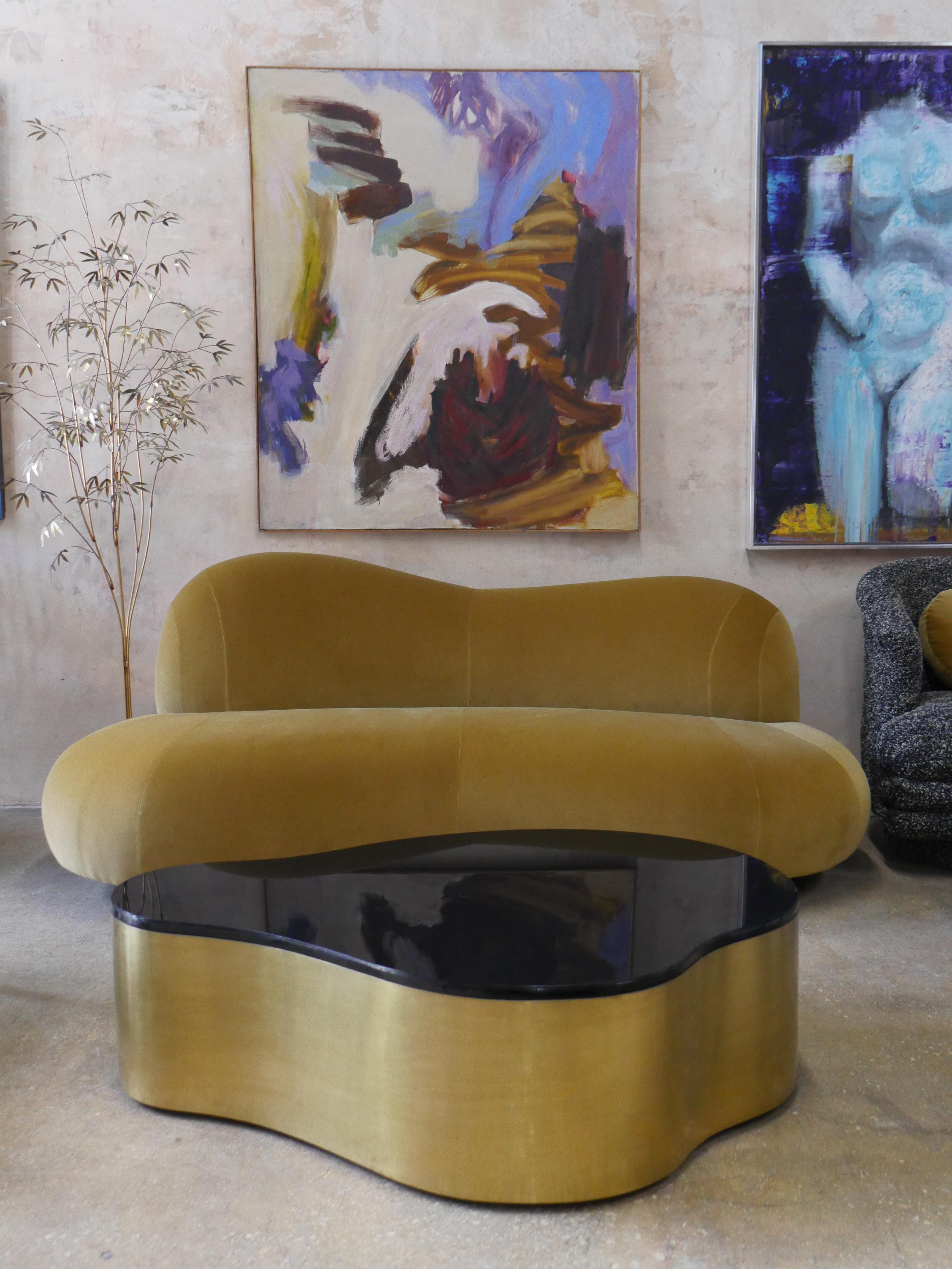 A sculptural statement piece that feels as fresh today as it did in the '90s. This beautiful Preview organic form sofa has been newly reupholstered in a rich 100% cotton velvet by Romo. Its curvaceous silhouette still feels new and relevant, making
