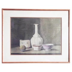 Lámina de los años 90 "Naturaleza muerta" de Georgio Morandi en marco de madera estilo Realismo Mágico