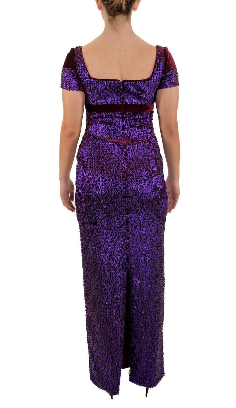1990s Purple & Burgundy Rayon Blend Velvet Fully Sequined Empire Waist Gown