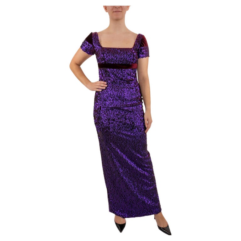 1990s Purple & Burgundy Rayon Blend Velvet Fully Sequined Empire Waist Gown