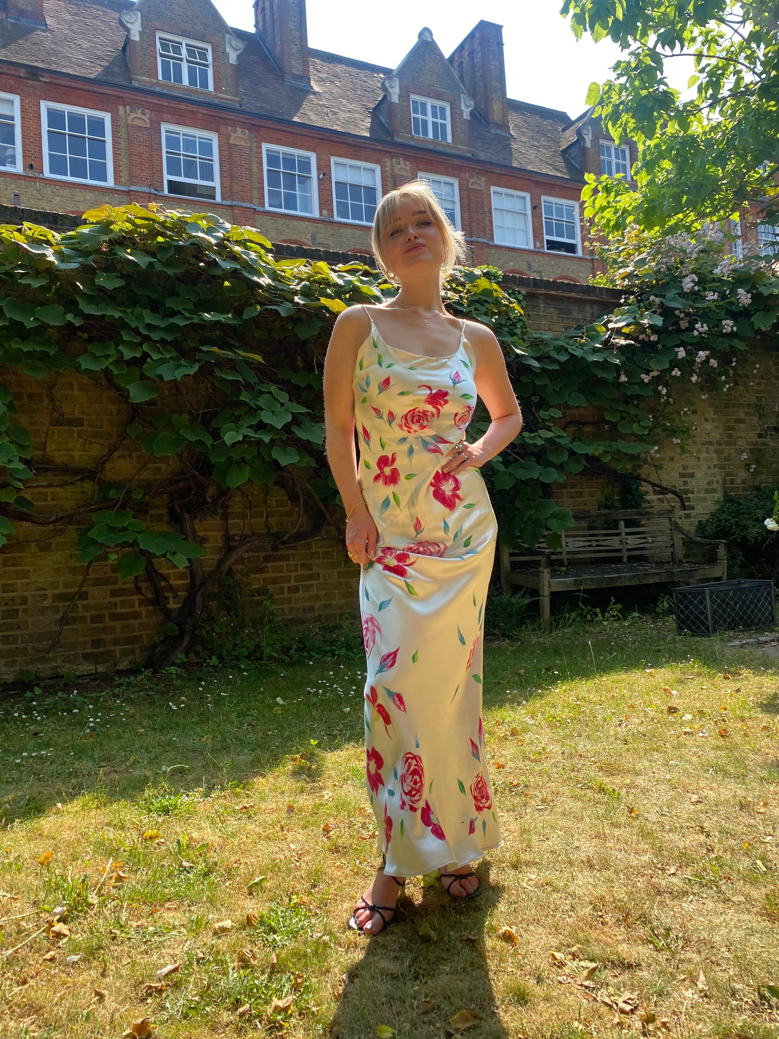 1990s Rachel Robarts Hand-Painted Rose Print Bias Cut Satin Dress For Sale 1