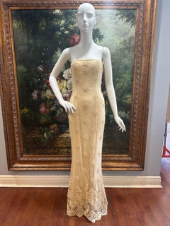 1990s RAFFIA Ricamato in pizzo e foderato con Charmeuse senza spalline NWT Abito da sera
