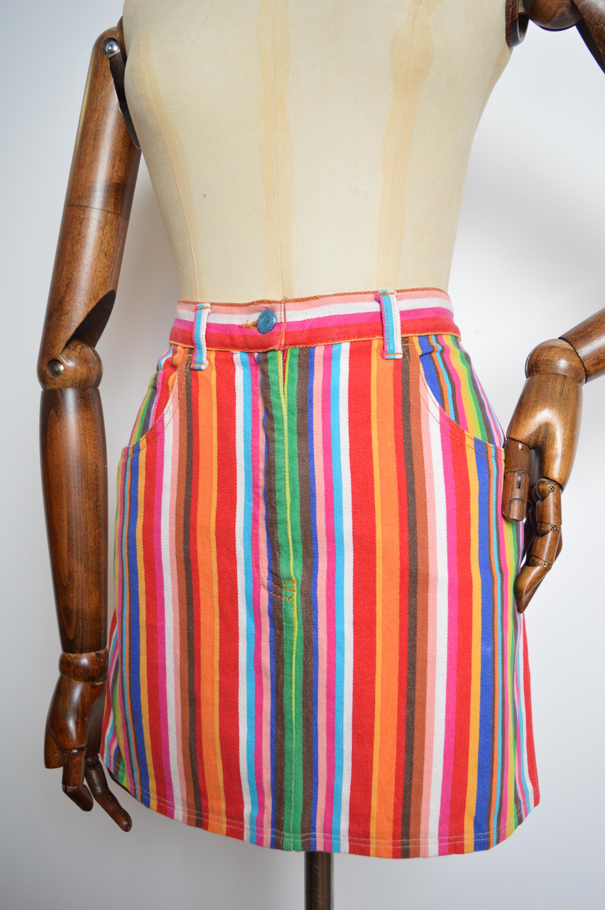 Beige 1990s Rainbow MOSCHINO candy striped vibrant colourful cotton mini skirt