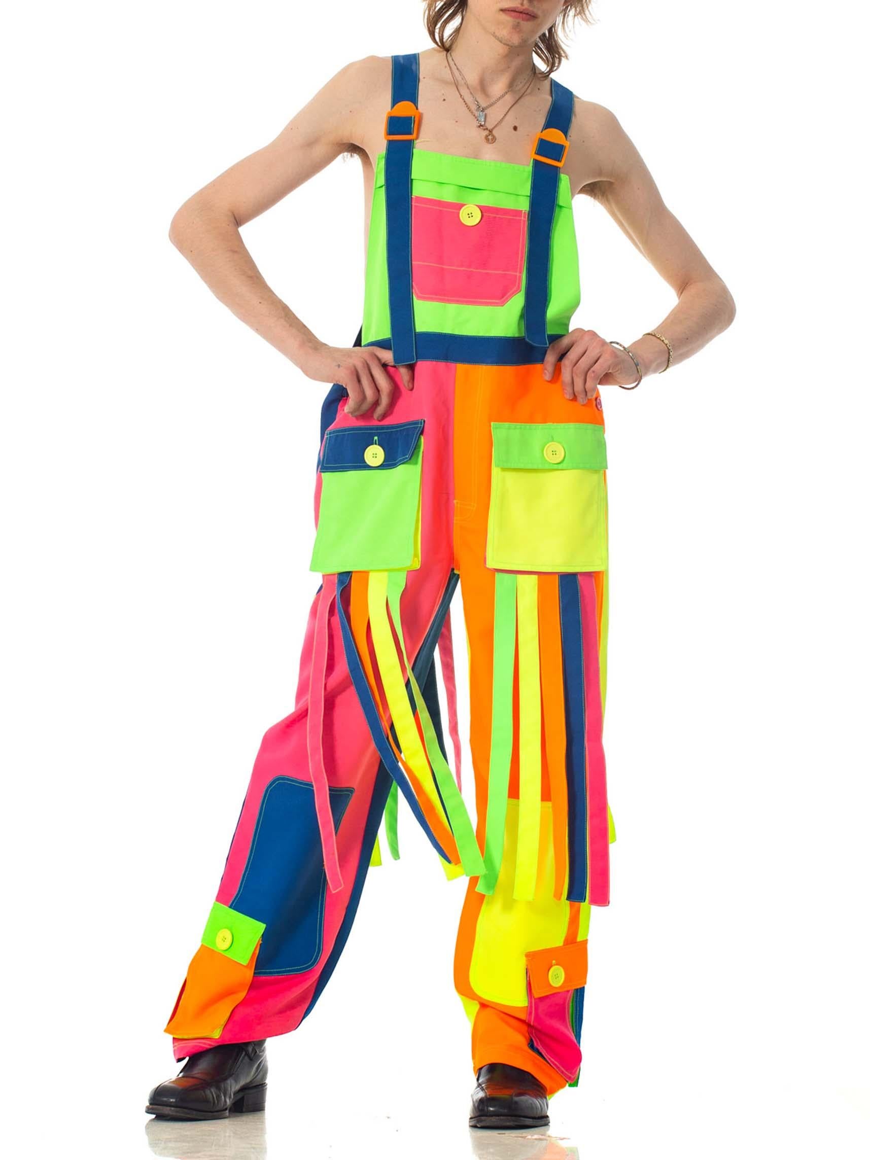 Orange 1990S Rainbow Neon Polyester Rave Festival Overalls Jumpsuit