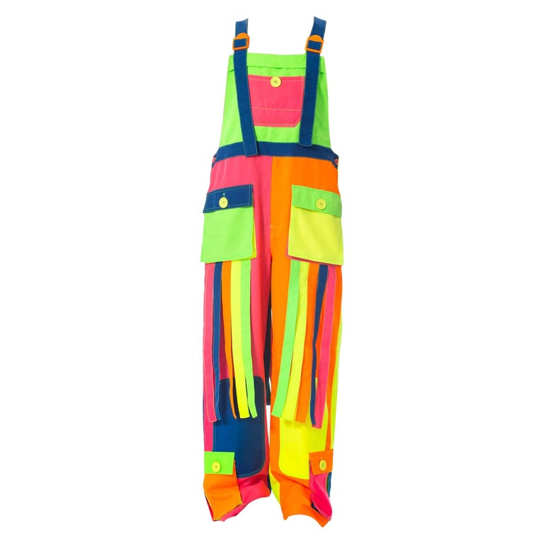 1990S Rainbow Neon Polyester Rave Festival Overalls Jumpsuit For Sale