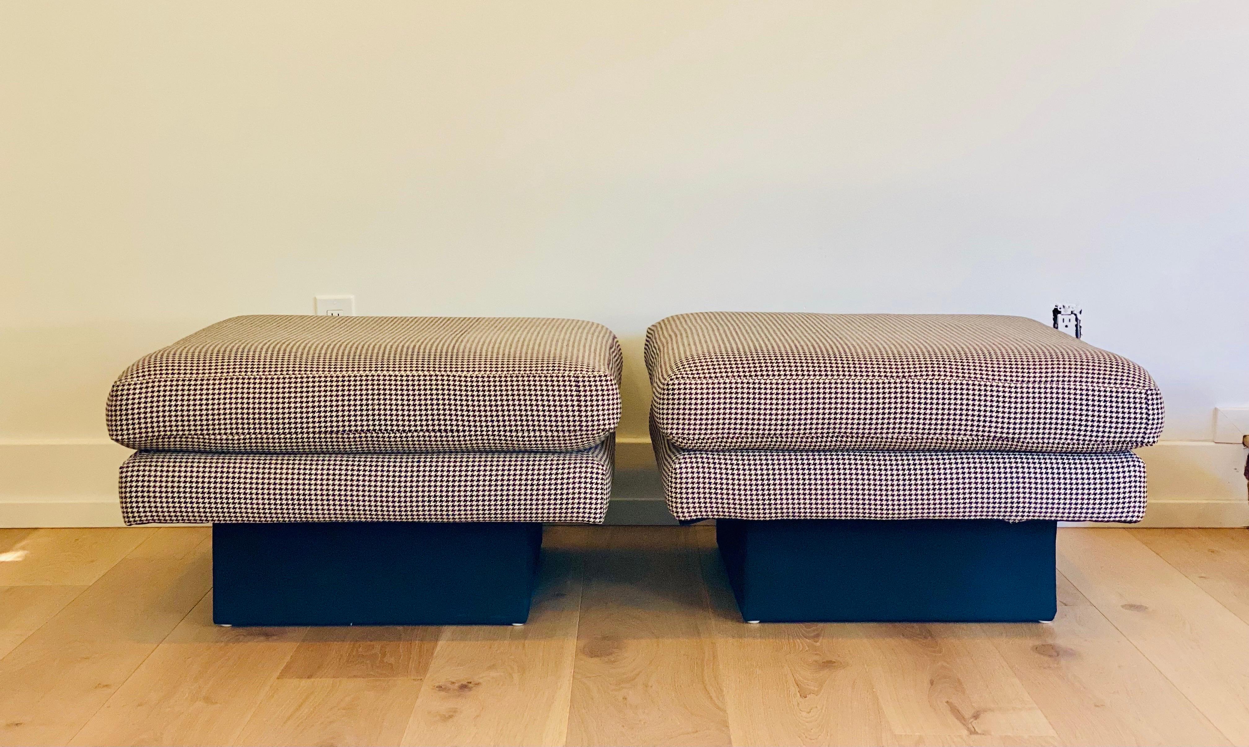 Late 20th Century 1990s Raised Plinth Houndstooth Black & White Upholstered Ottomans, a Pair