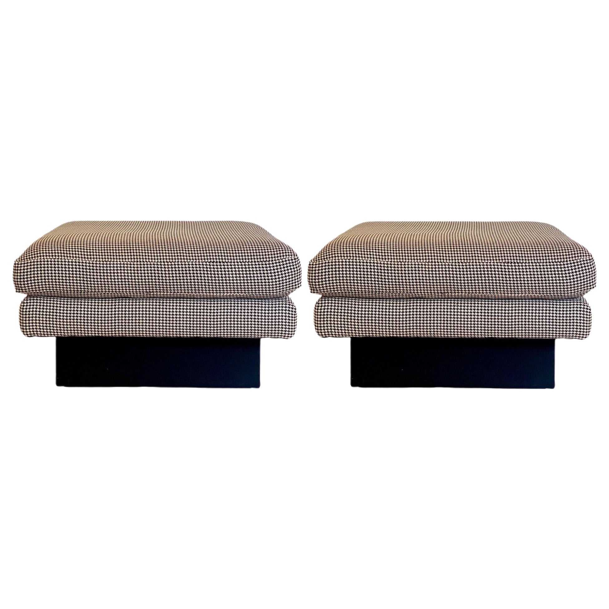 1990s Raised Plinth Houndstooth Black 
White Upholstered Ottomans, a Pair