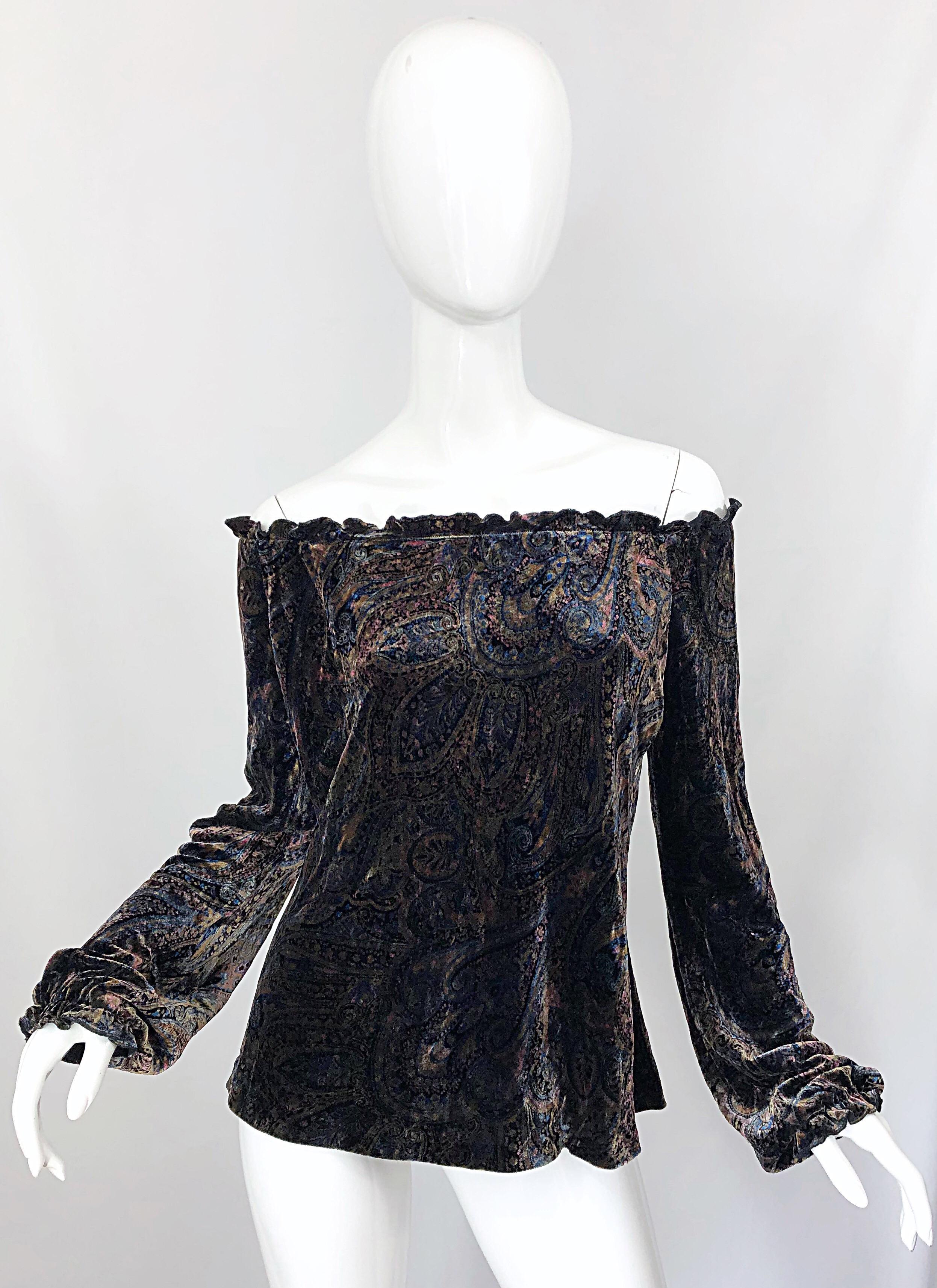 1990er Ralph Lauren Black Label schulterfreie Bluse aus Samt mit Paisleymuster, Größe 14 im Angebot 9