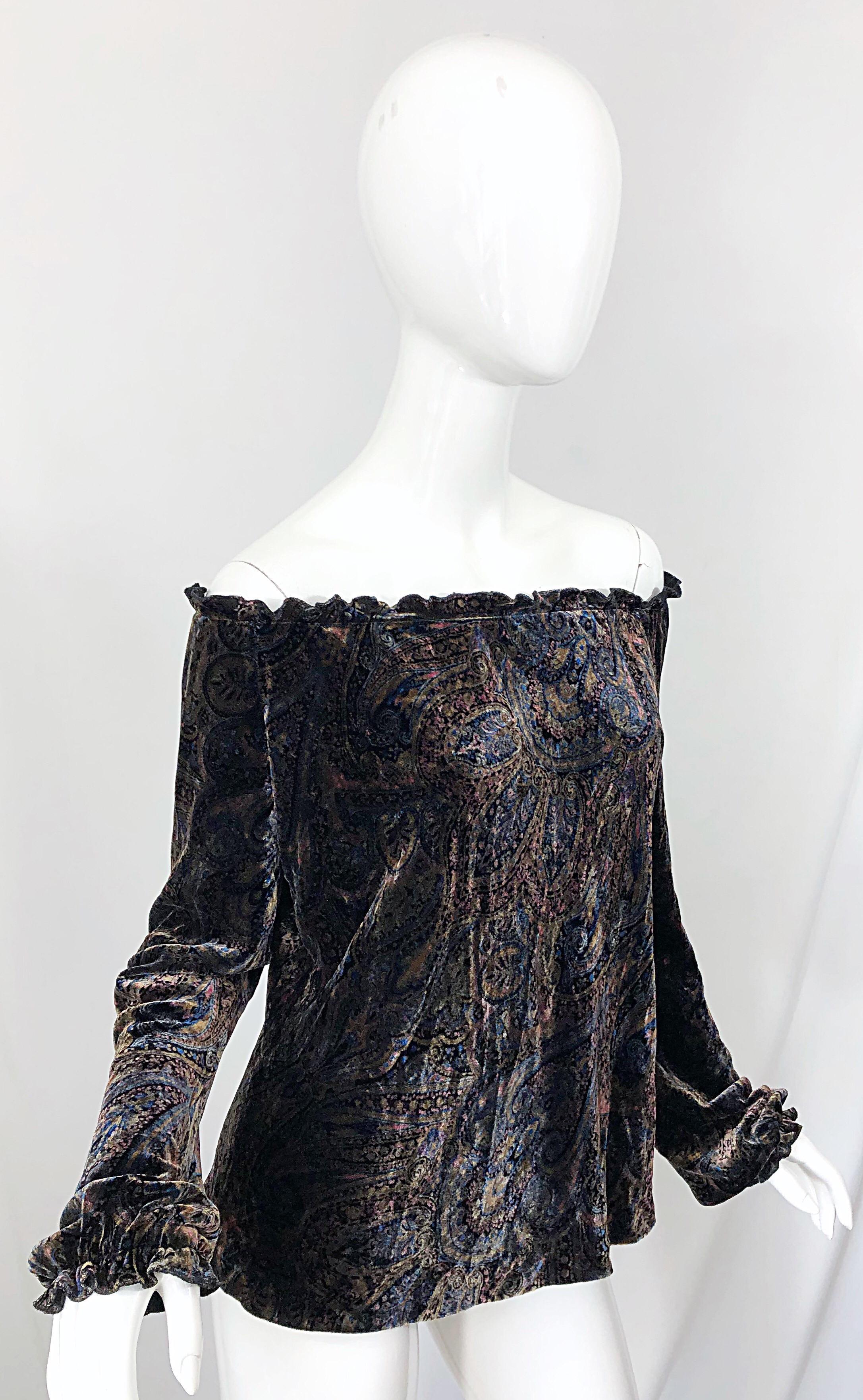 Women's 1990s Ralph Lauren Black Label Size 14 Paisley Velvet Off the Shoulder Blouse For Sale