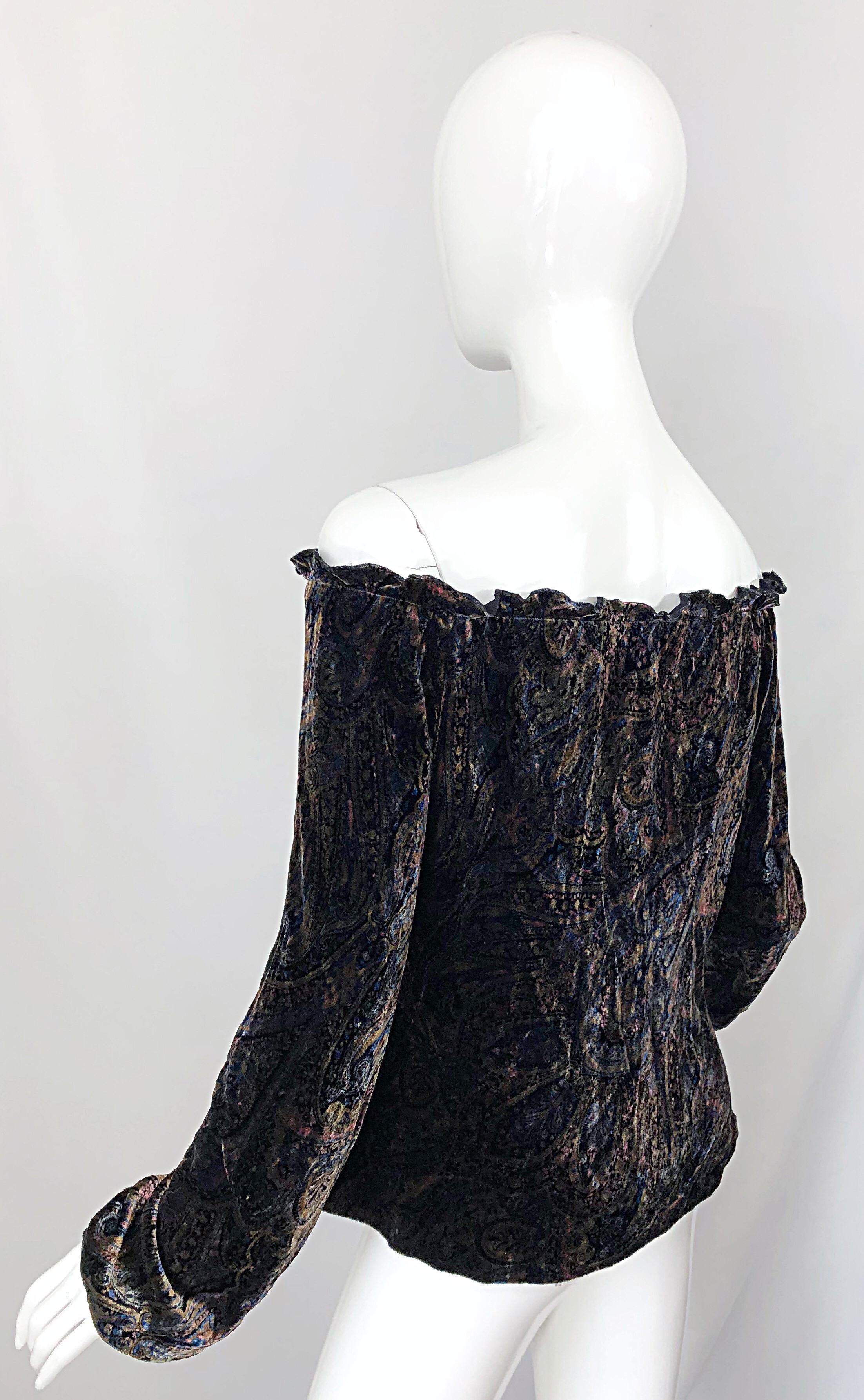 1990s Ralph Lauren Black Label Size 14 Paisley Velvet Off the Shoulder Blouse For Sale 1