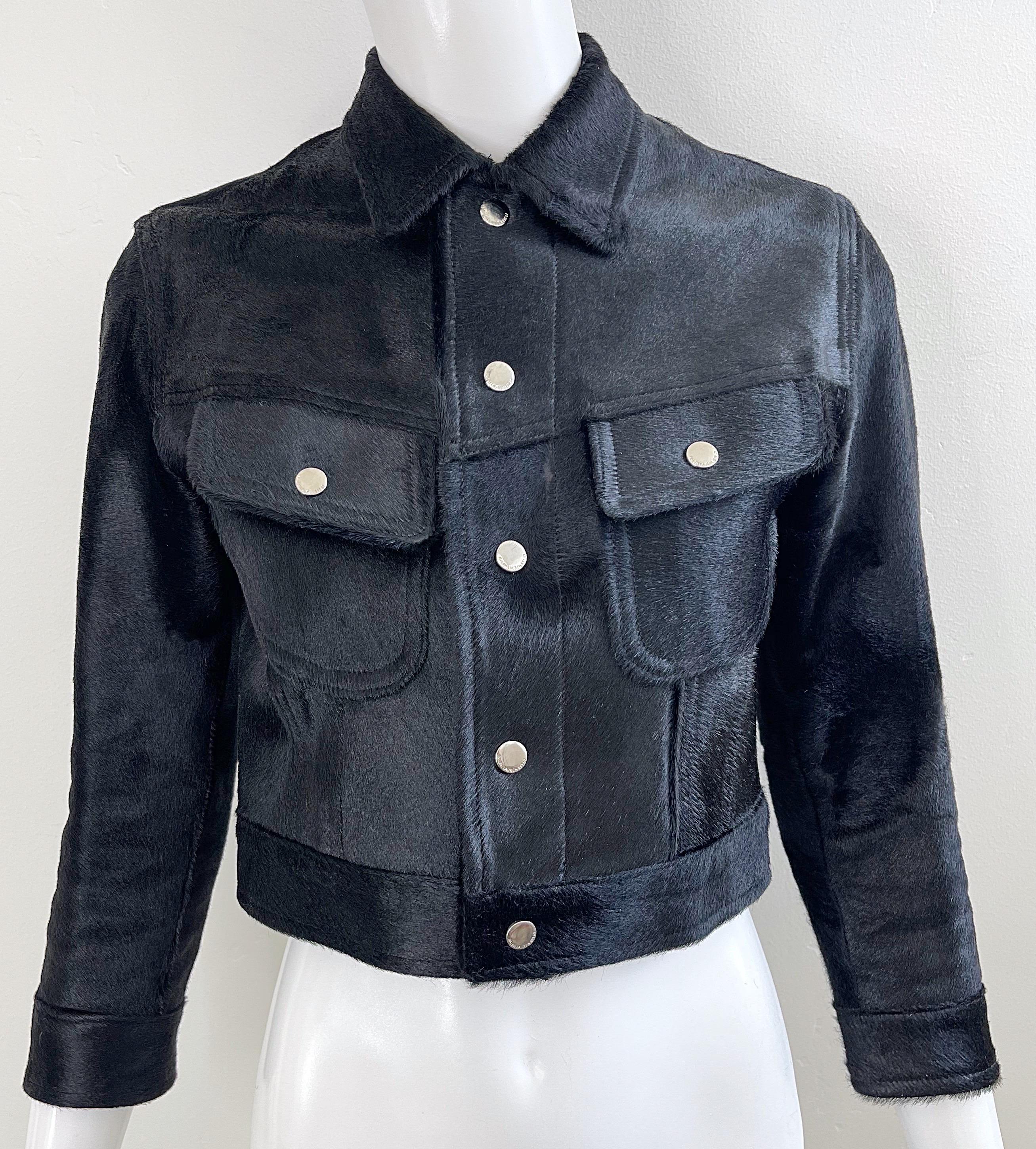 1990er Ralph Lauren Schwarz Pony Kalbshaar Größe 2 / 4 Cropped Vintage 90er Jahre Jacke im Angebot 12