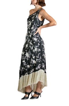 1990S RALPH LAUREN Black & White Floral Embroidered Cocktail Dress With Fringe