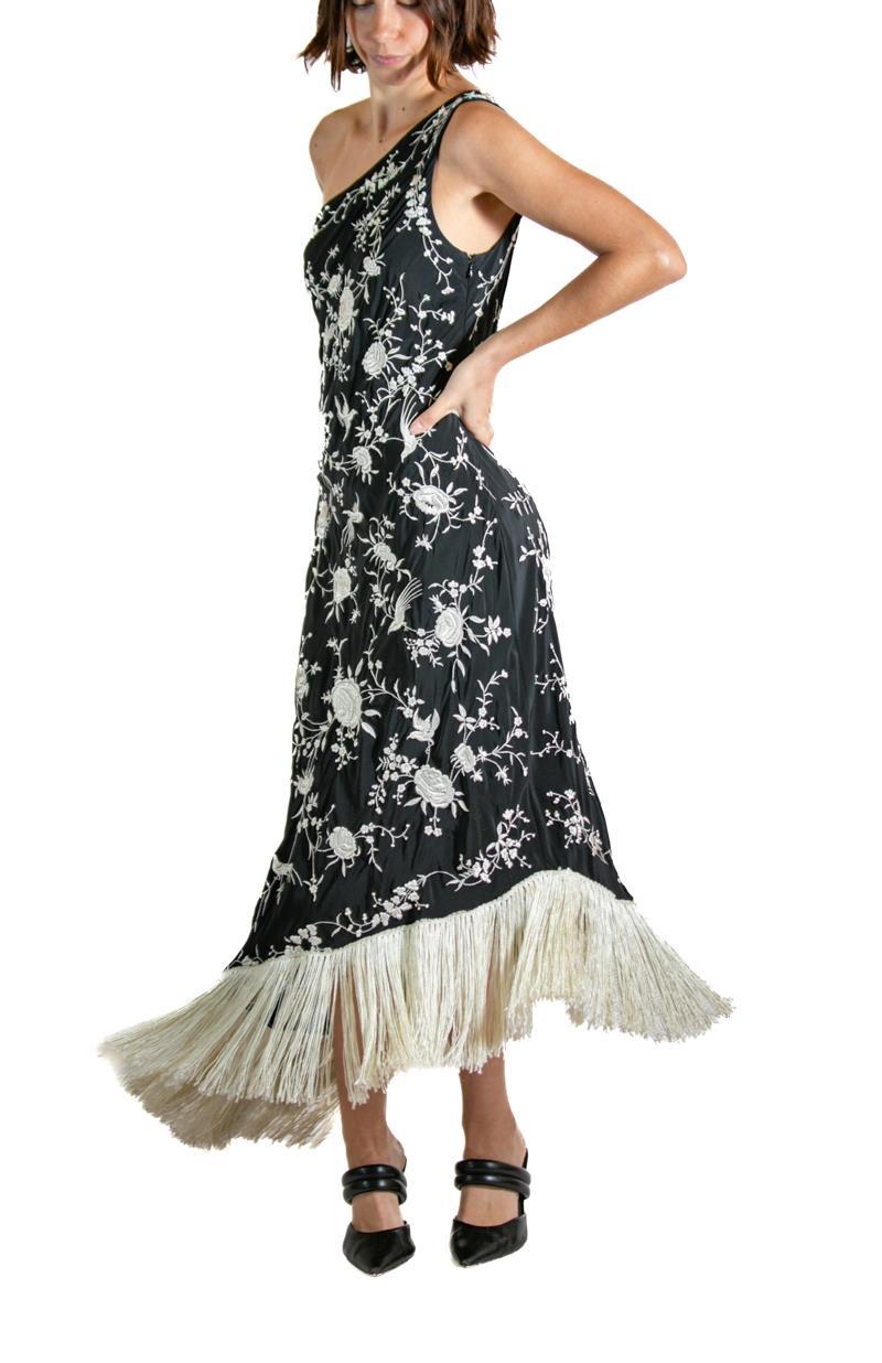 1990S RALPH LAUREN Black & White Floral Embroidered Cocktail Dress With Fringe 1