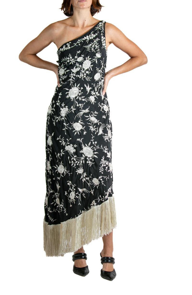 1990S RALPH LAUREN Black & White Floral Embroidered Cocktail Dress With Fringe 4