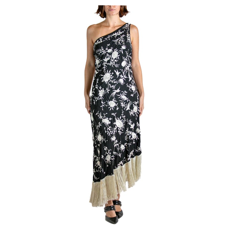 1990S RALPH LAUREN Black and White Floral Embroidered Cocktail Dress With  Fringe at 1stDibs
