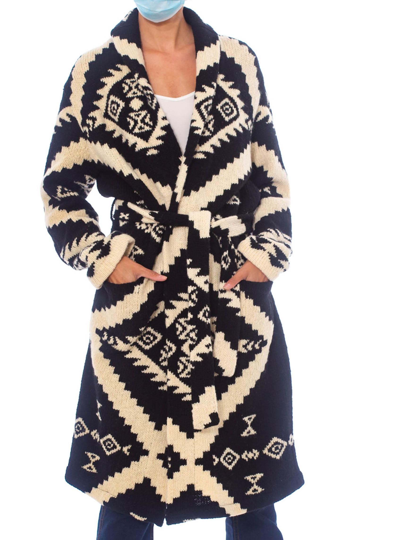 1990S Ralph Lauren Black & White Wool Hand Knit Navajo Pattern Maxi Sweater In Excellent Condition For Sale In New York, NY