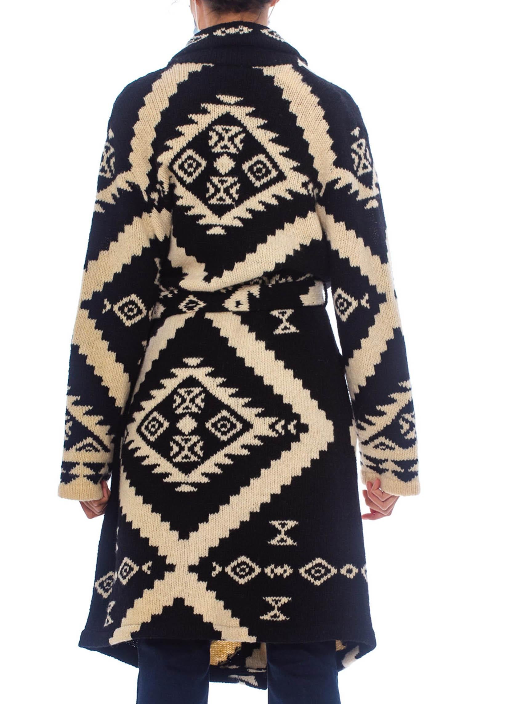 1990S Ralph Lauren Black & White Wool Hand Knit Navajo Pattern Maxi Sweater For Sale 1