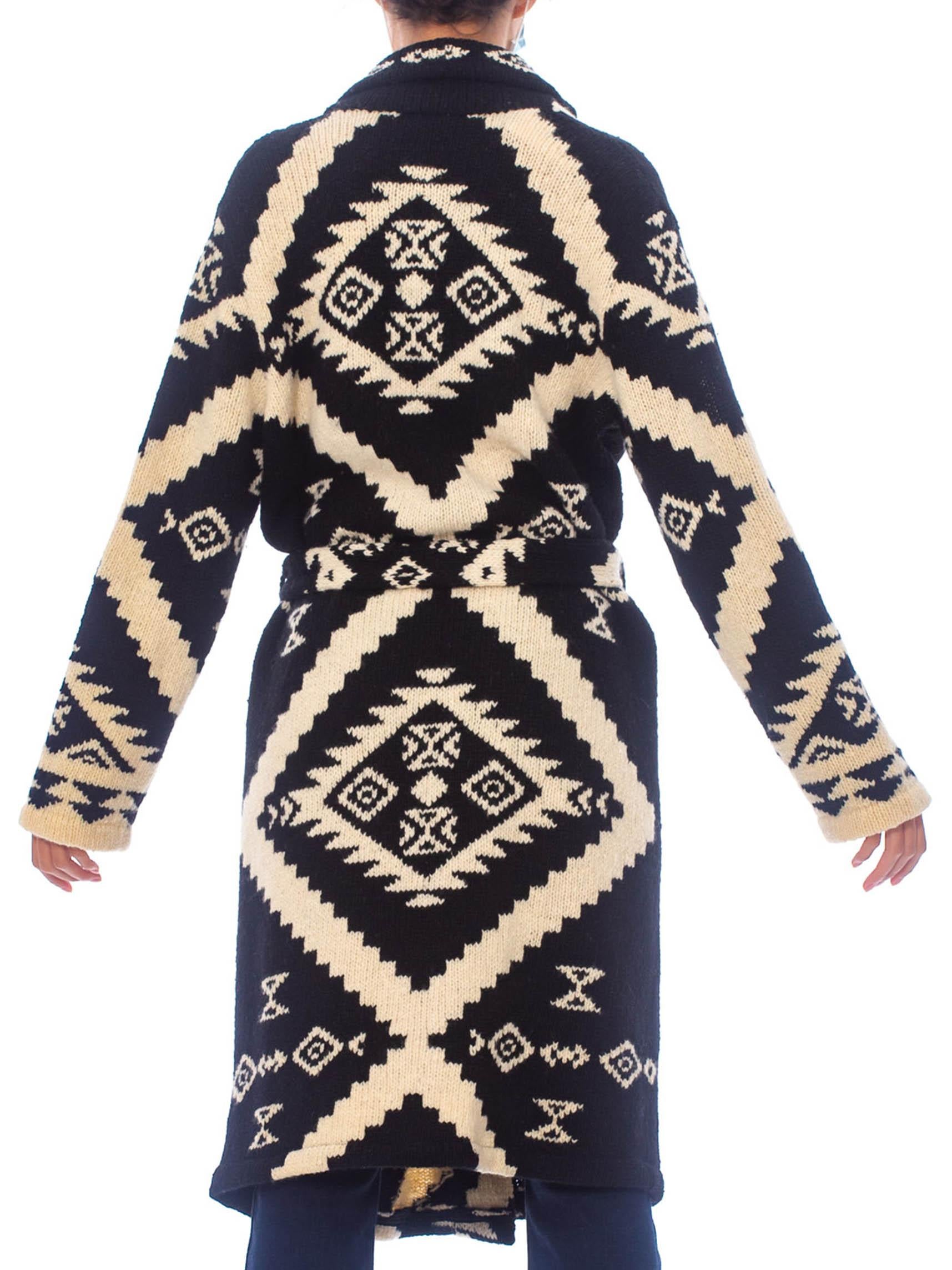 1990S Ralph Lauren Black & White Wool Hand Knit Navajo Pattern Maxi Sweater For Sale 2