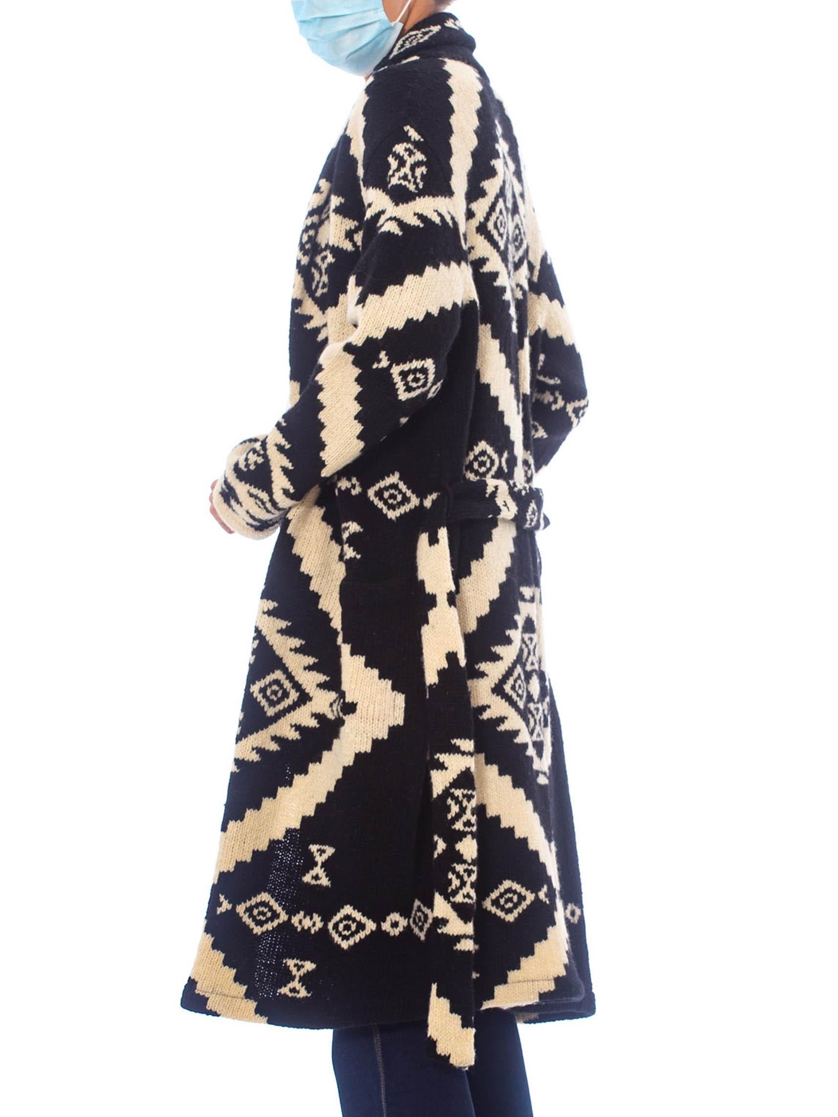 1990S Ralph Lauren Black & White Wool Hand Knit Navajo Pattern Maxi Sweater For Sale 3
