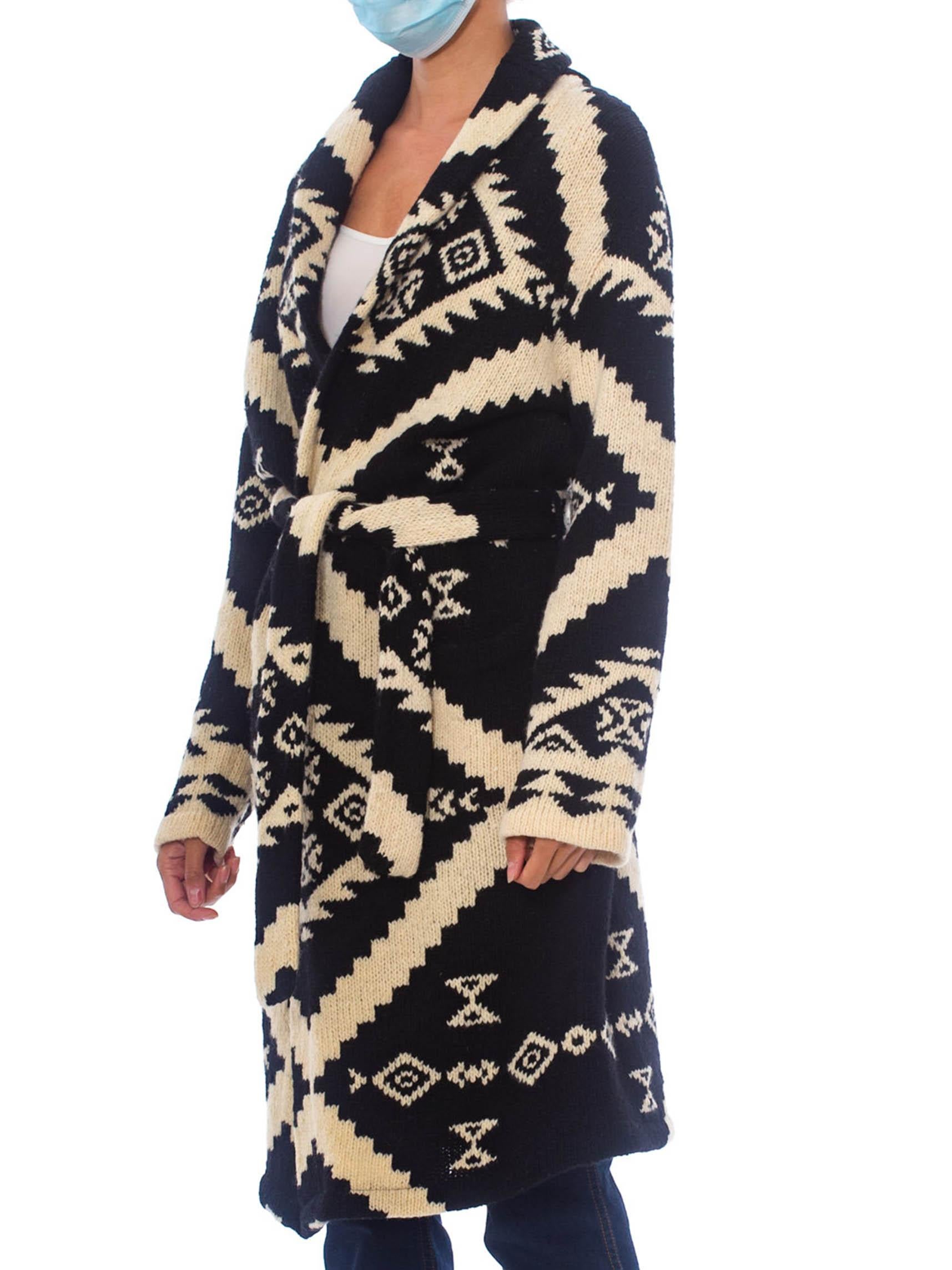 1990S Ralph Lauren Black & White Wool Hand Knit Navajo Pattern Maxi Sweater 1