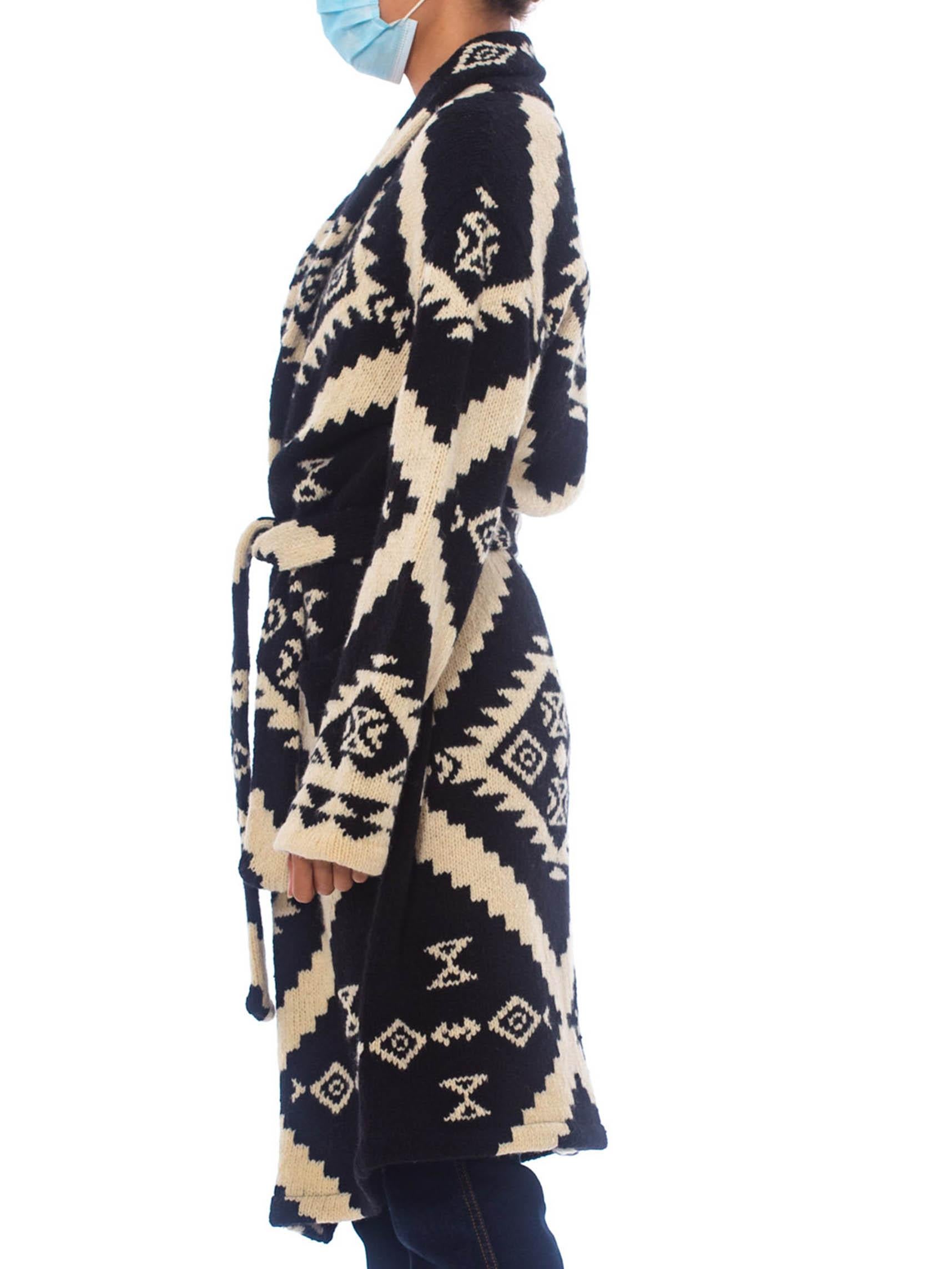 1990S Ralph Lauren Black & White Wool Hand Knit Navajo Pattern Maxi Sweater 3