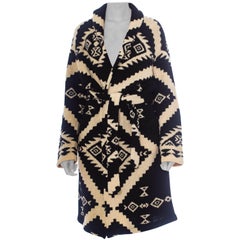 Vintage 1990S Ralph Lauren Black & White Wool Hand Knit Navajo Pattern Maxi Sweater