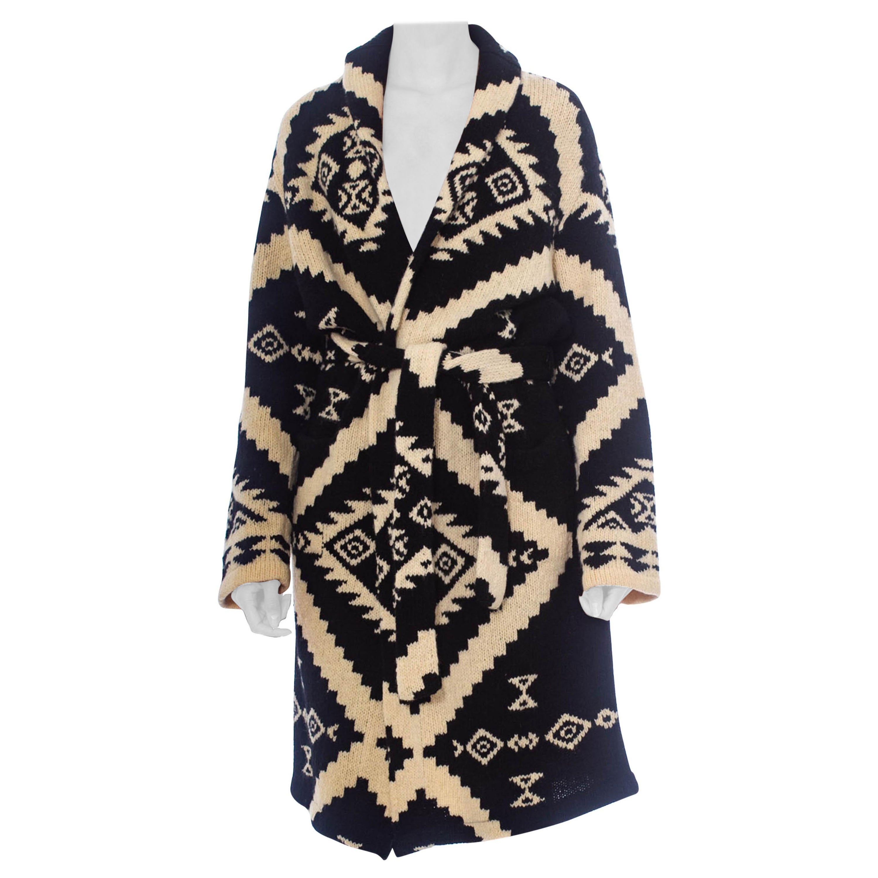 1990S Ralph Lauren Black 
White Wool Hand Knit Navajo Pattern Maxi Sweater For Sale