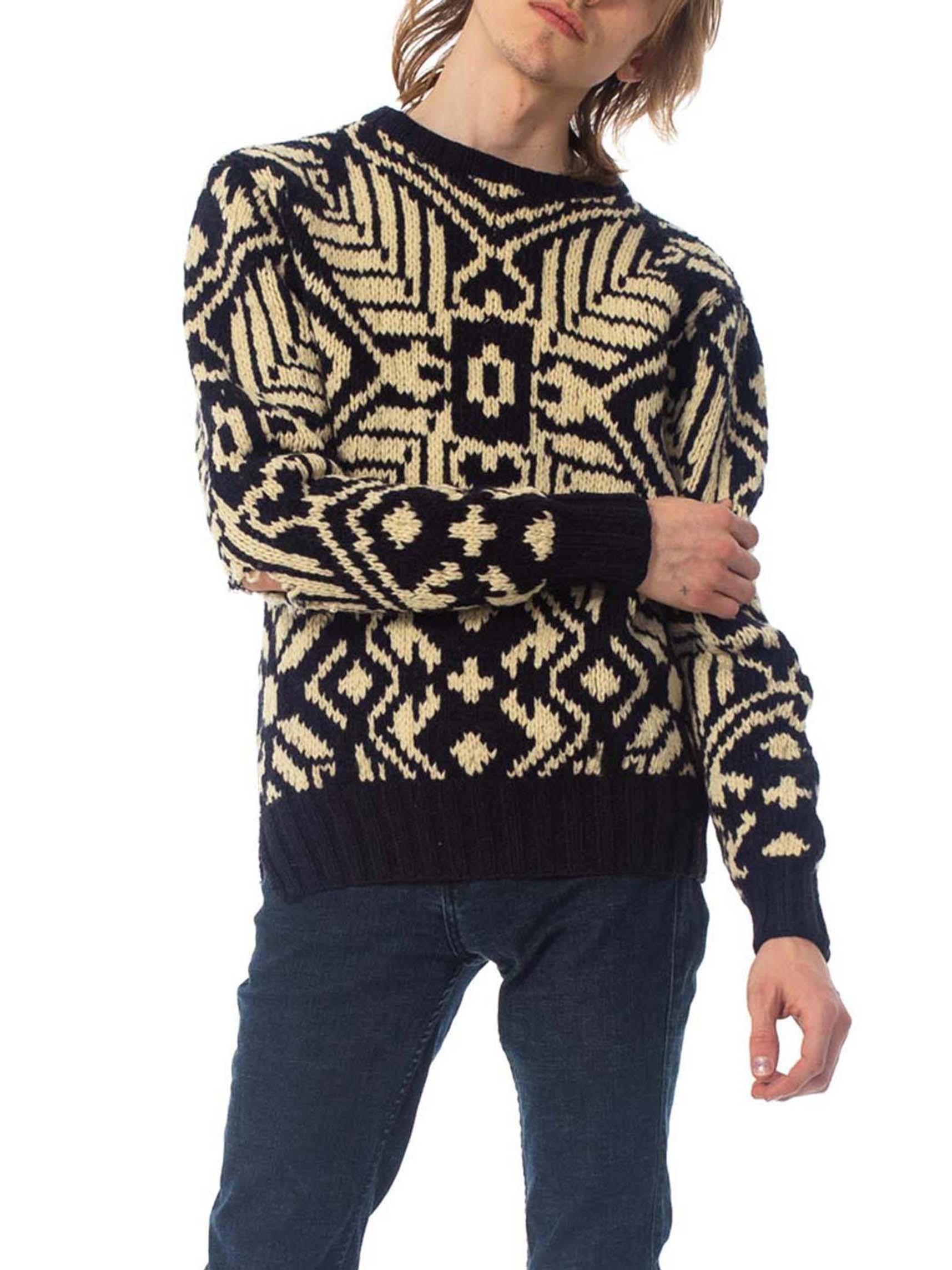Black 1980S RALPH LAUREN Navy & Ivory Wool Hand Knit Nordic Sweater