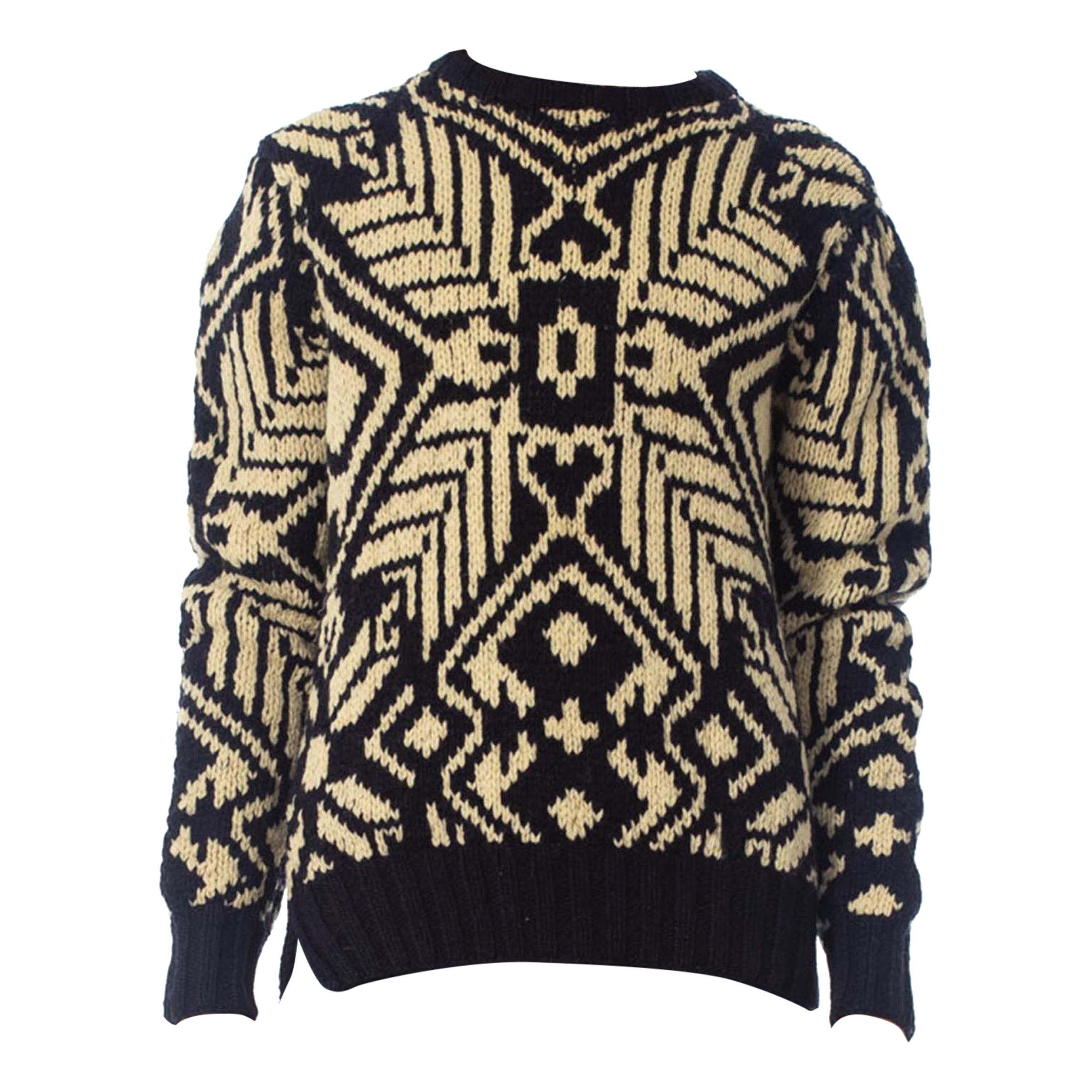 1980S RALPH LAUREN Navy & Ivory Wool Hand Knit Nordic Sweater