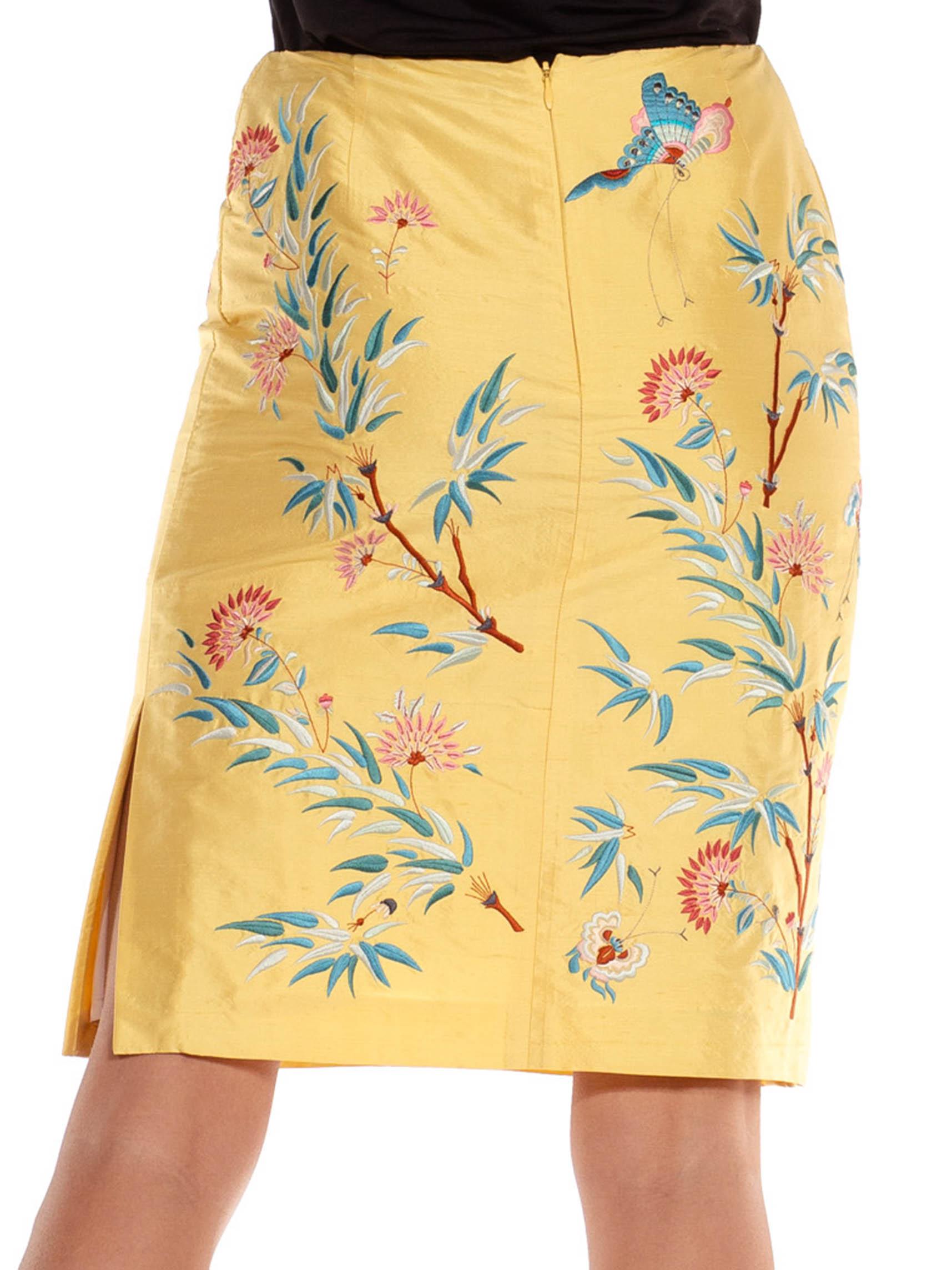 1990S Ralph Lauren Butter Yellow Silk Embroidered Rachel Green Style Skirt In Excellent Condition In New York, NY