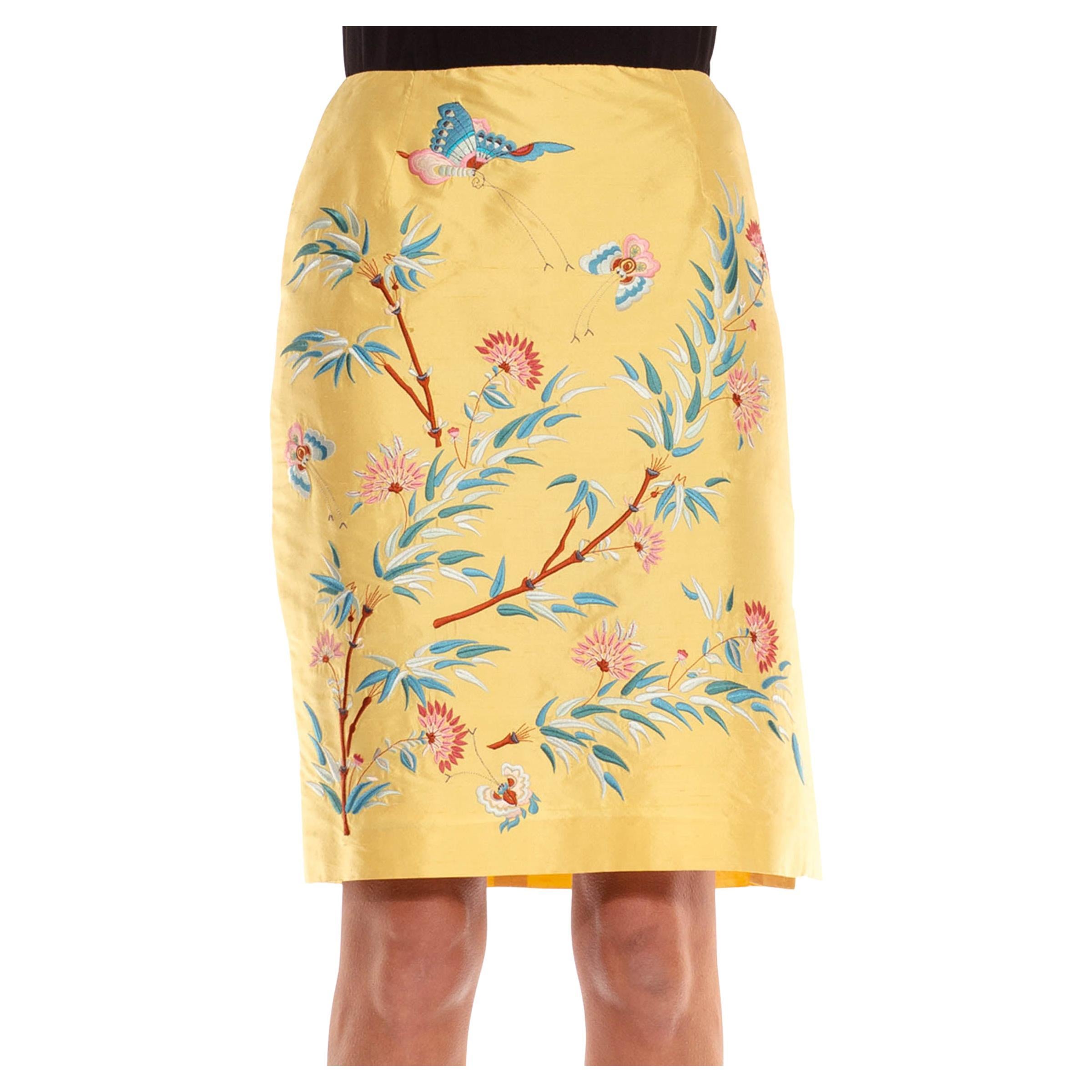 1990S Ralph Lauren Butter Yellow Silk Embroidered Rachel Green Style Skirt