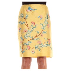 1990S Ralph Lauren Butter Yellow Silk Embroidered Rachel Green Style Skirt
