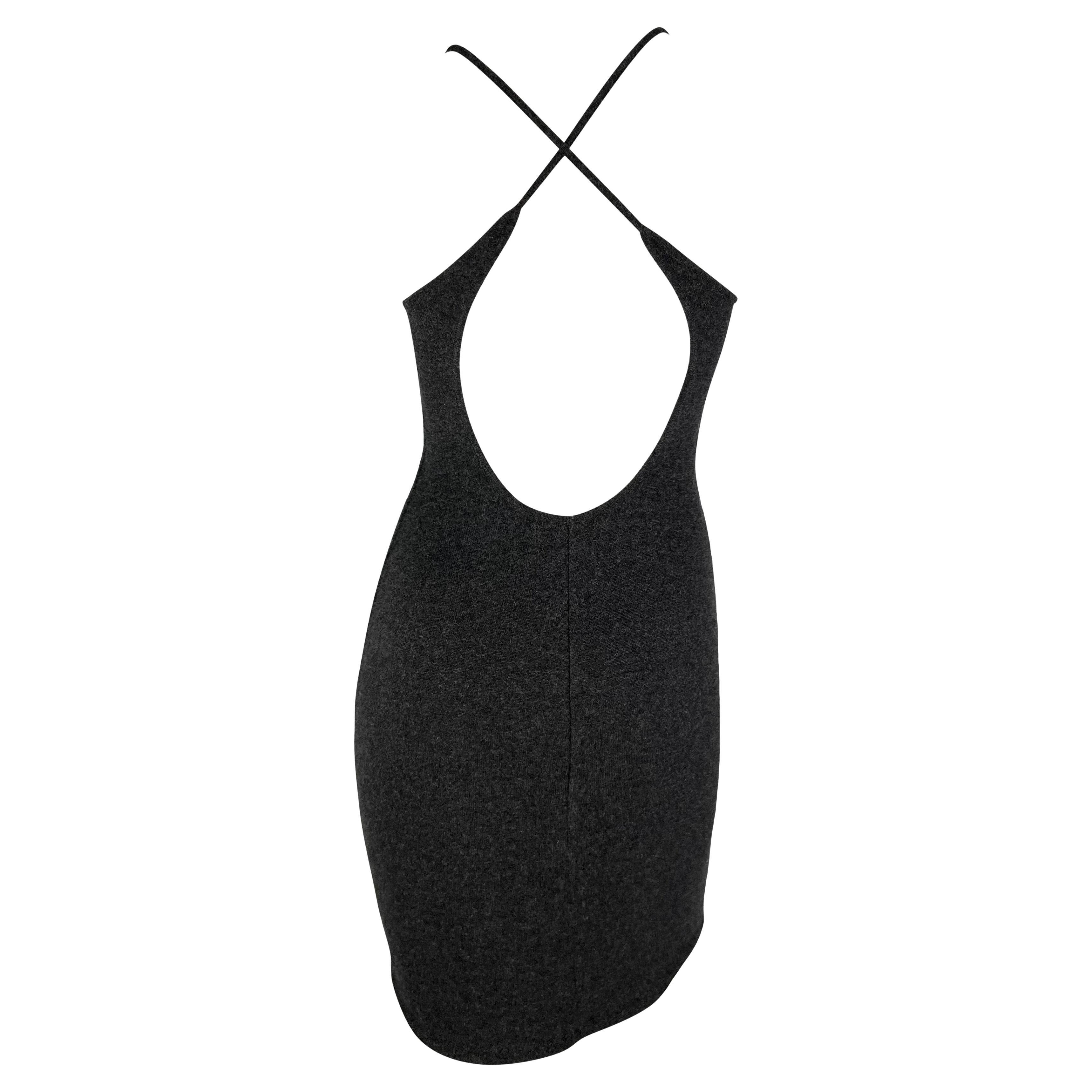 1990s Ralph Lauren Cashmere Knit Backless Charcoal Grey Bodycon Mini Dress For Sale