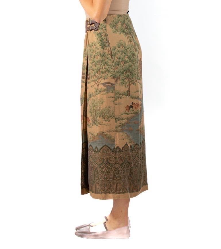 1990S Ralph Lauren Earth-Tone Rayon Blend Twill Scenic Print Skirt In Excellent Condition In New York, NY