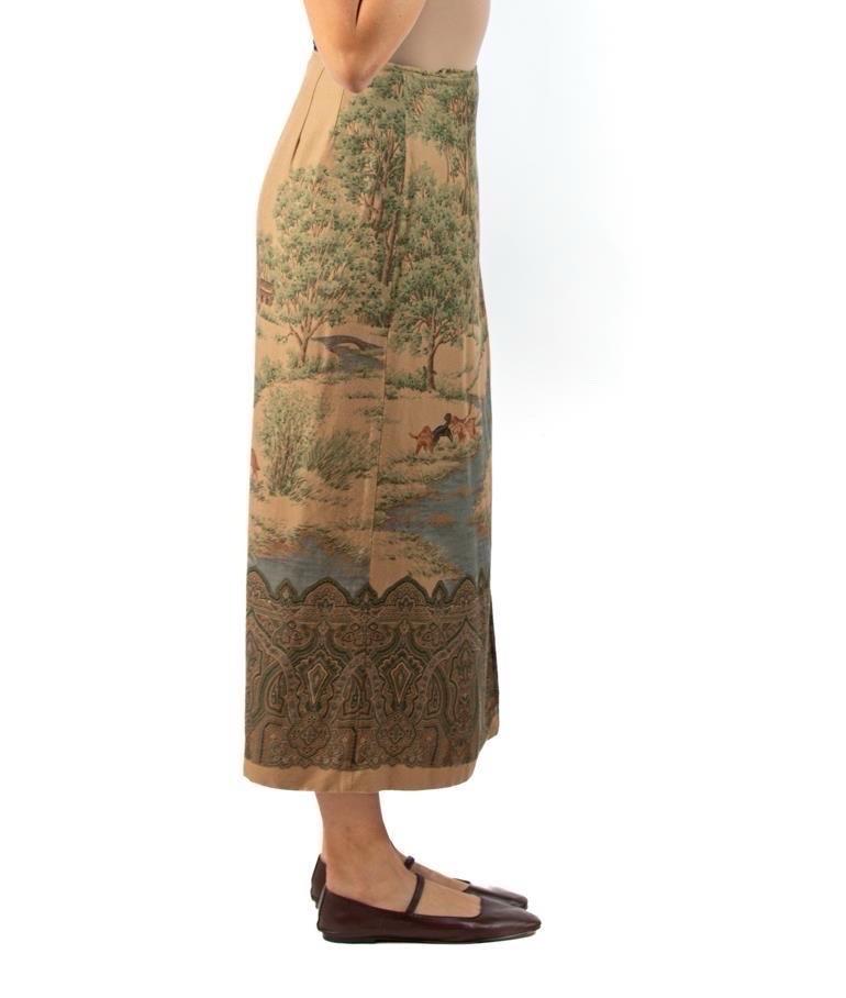 Women's 1990S Ralph Lauren Earth-Tone Rayon Blend Twill Scenic Print Skirt