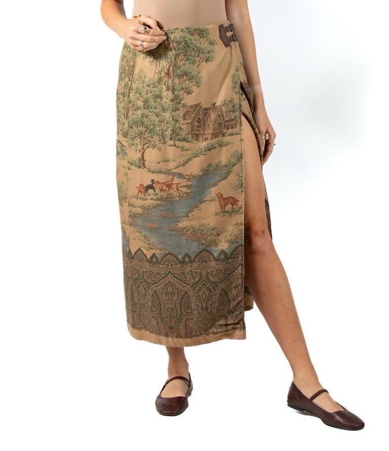 1990S Ralph Lauren Earth-Tone Rayon Blend Twill Scenic Print Skirt 1