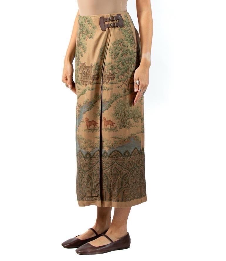 1990S Ralph Lauren Earth-Tone Rayon Blend Twill Scenic Print Skirt 3