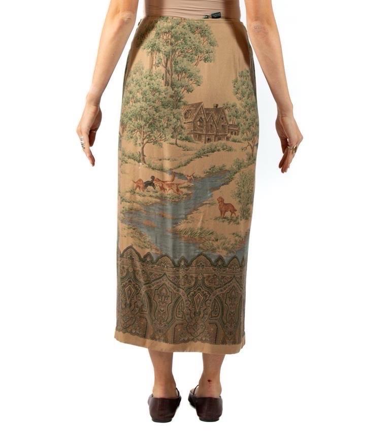 1990S Ralph Lauren Earth-Tone Rayon Blend Twill Scenic Print Skirt 4